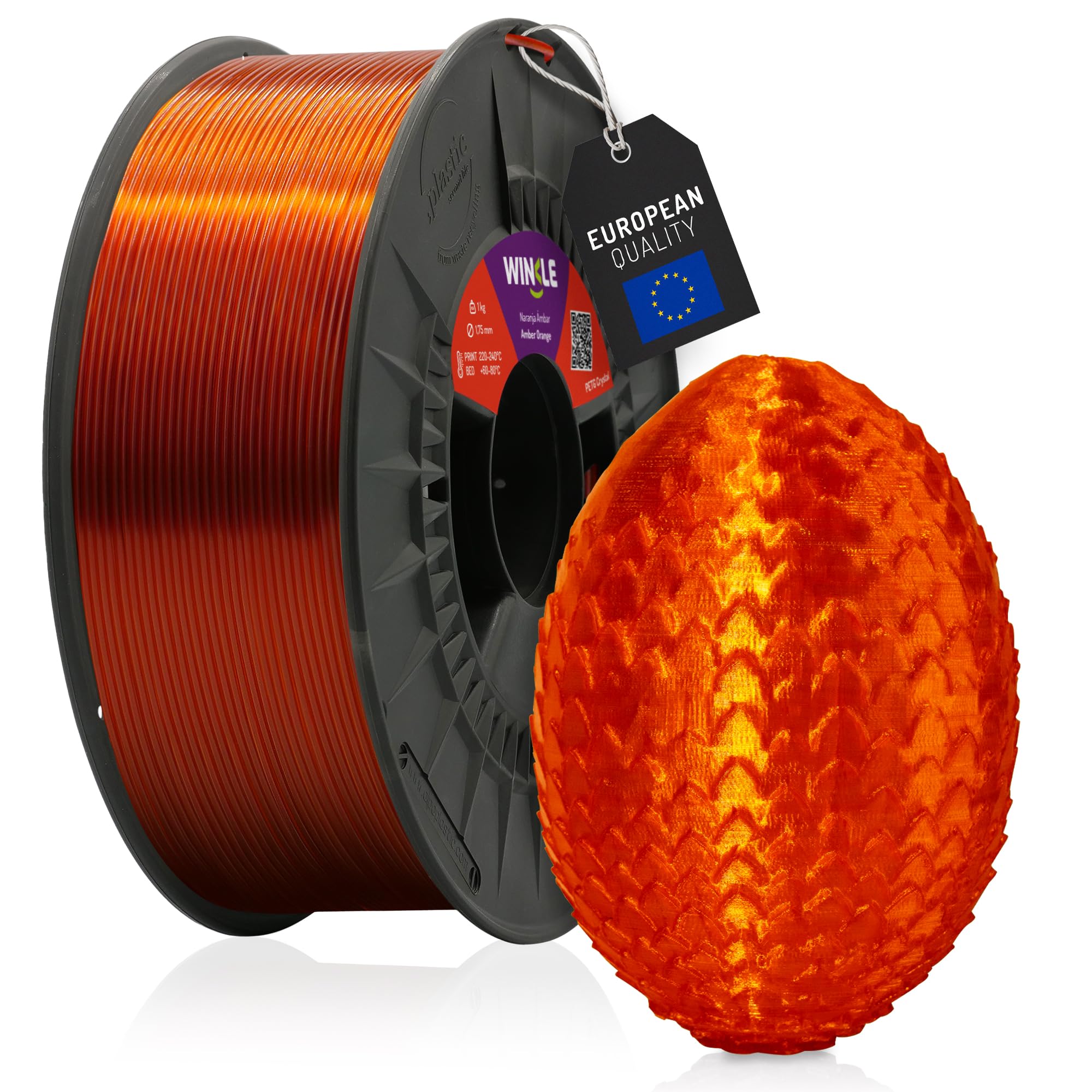 WINKLE Filament PETG pomarańczowy kryształ bursztynowy | Filament do drukarki 3D | Filament PETG 1,75 mm 300 g | Kompatybilny z większością drukarek 3D | PETG Pomarańczowy | Dokładność wymiarowa |