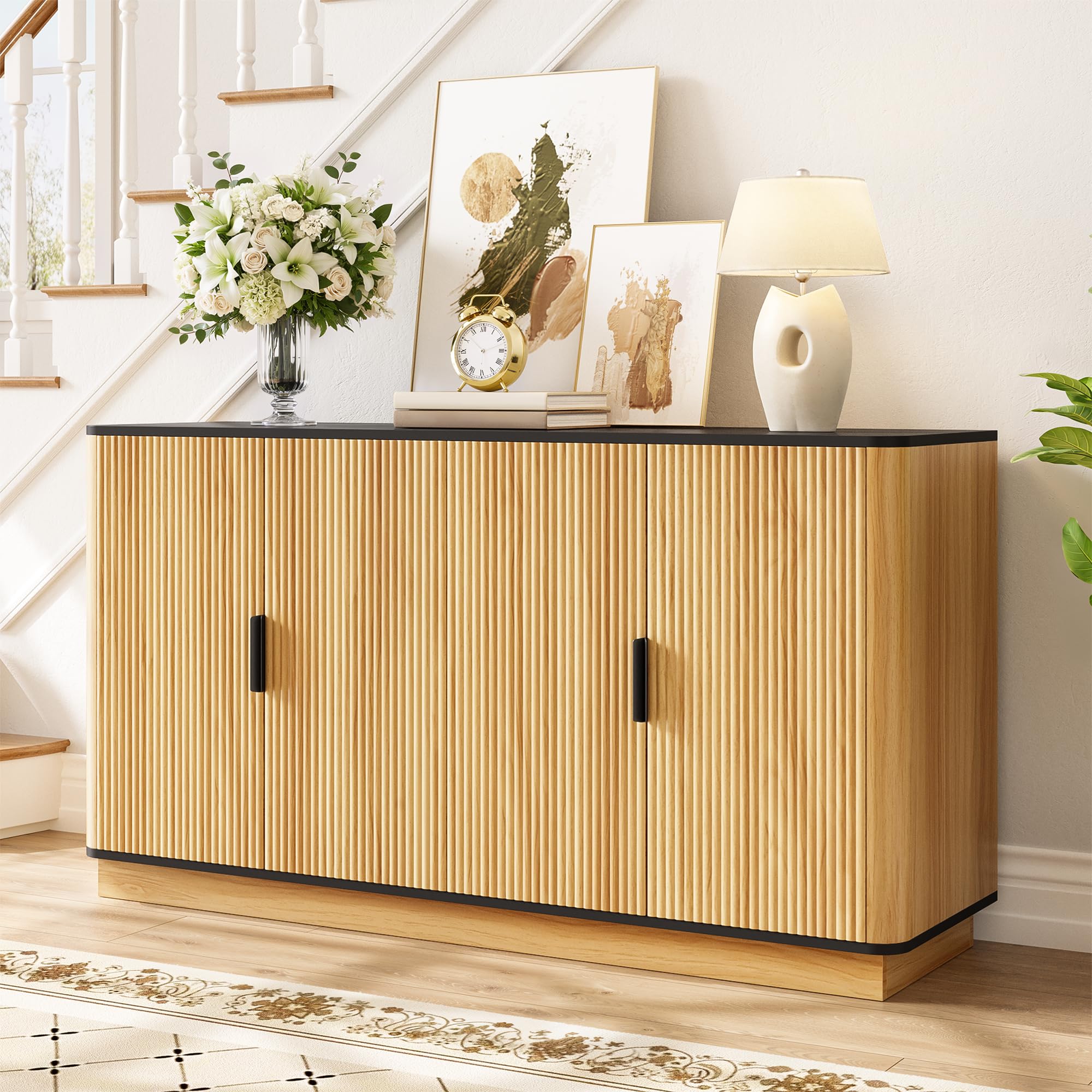 Sideboard 4-türig, vertikale Riffelung, Holzoptik, Schrank für Wohnzimmer, Flur, Esszimmer, Stauraum, Natürlich