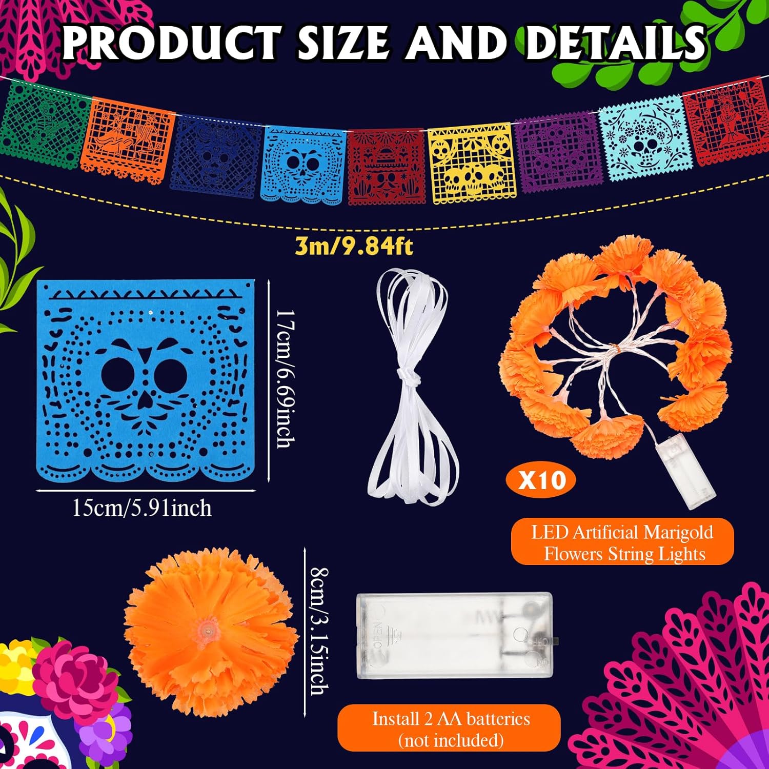 Colingmill 49pcs Dia De Los Muertos Decorations Set Muertos Ofrenda Altar Wooden Shadow Box Day of the Dead Banners Marigold Heads Papel Picado Butterfly Hanging for Remembrance Picture Frame Supplies