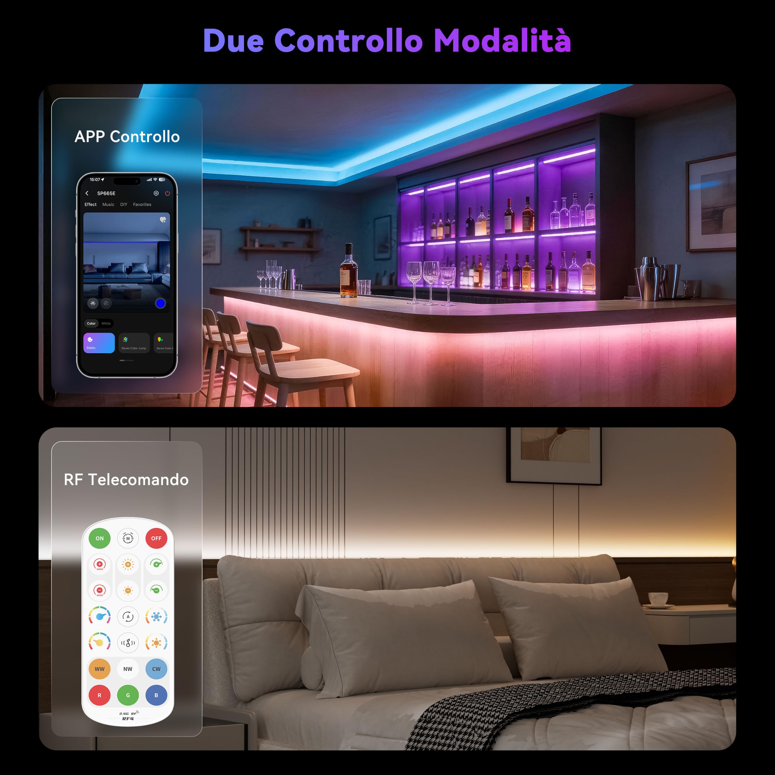 OULARA Smart RGBCCT COB Striscia LED da 6m,Dimmerabile RGB+WW/CW 2700K-6500K 24V kit Striscia LED con Controllo APP/Telecomando RF,Controllo di Gruppo,Modalità Musica per Decorazioni fai da te