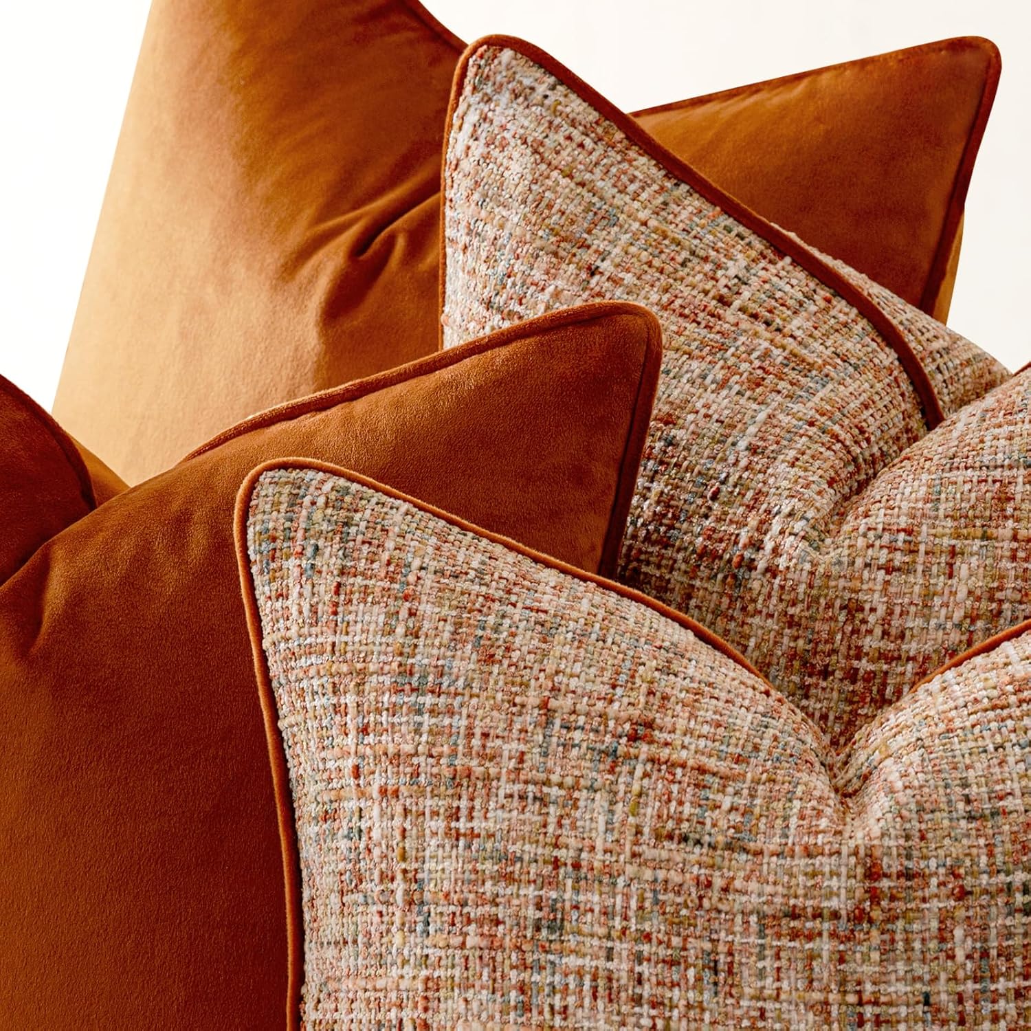 a moment Fall Orange 4 Pack Throw Pillow Covers - Chenille & Velvet Set with Piping, Farmhouse Textured Design Cushion Cases for Couch Sofa Bed (20x20 Inch, No Insert)