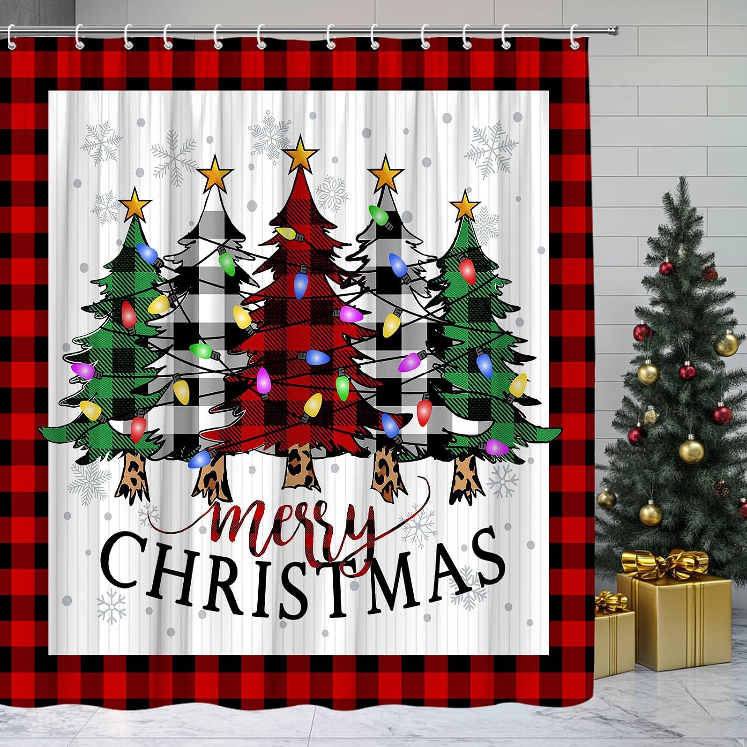 Merry Christmas Shower Curtain Xmas Trees Red Grey Buffalo Plaid Snowflake Farmhouse Winter Fabric for Bathroom Decor Bathtub with Hooks (70" WX84 H)