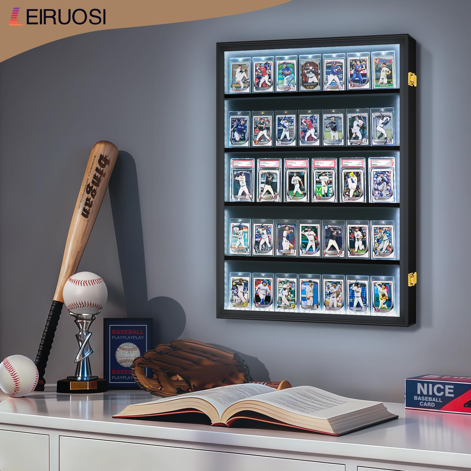 Espositore per carte da baseball, 5 ripiani, con serratura, espositore per carte collezionabili con protezione UV, espositore per carte sportive, per carte da baseball, carte da calcio, carte