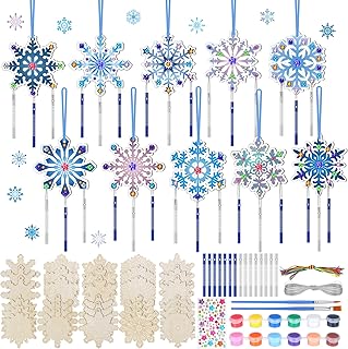 JellyArch 30 Pack Winter Snowflake Wind Chime Making Kit for Adults Make Your Own Wind Chime DIY Crafts Wooden Ornaments for Winter Activity Birthday Decoration