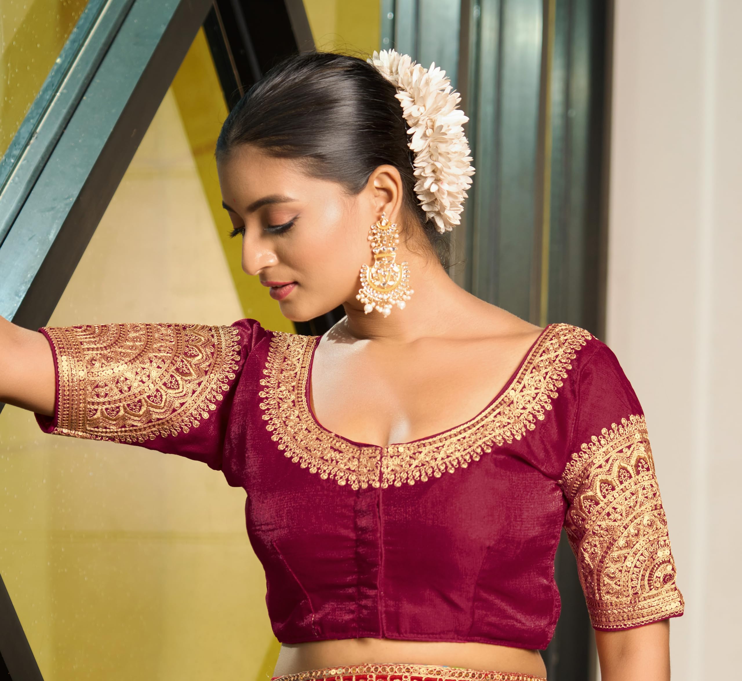 Vihu Fashion Women's Readymade Blouse Embroidery Multi Coding Dull Golden Sequence Work Indian Ethnic Designer Stitched Readymade Saree Half Sleeve Maroon Blouse For Women For Saree Lehenga Choli