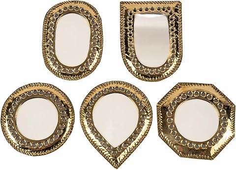 Conjunto de 5 Espejos Decorativos, Latón Dorado, Marco con Cristales, 9-11 cm, Artesanía Marroquí