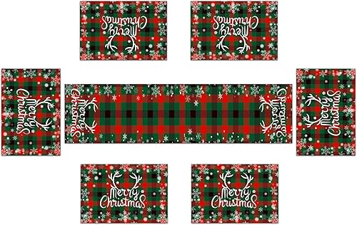Miniatura 9 de Camino de mesa de Navidad de invierno y manteles individuales, juego de 7 manteles individuales de búfalo rojo, muñeco de nieve, pino, suministros