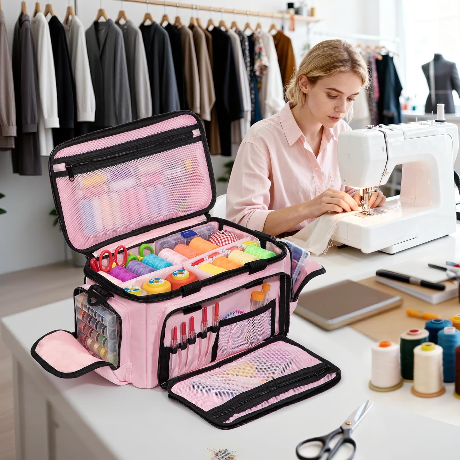 Sewing Accessories Organizer Bag, Tactical Sewing Storage Box with Inner Divider and Shoulder Strap, Pink
