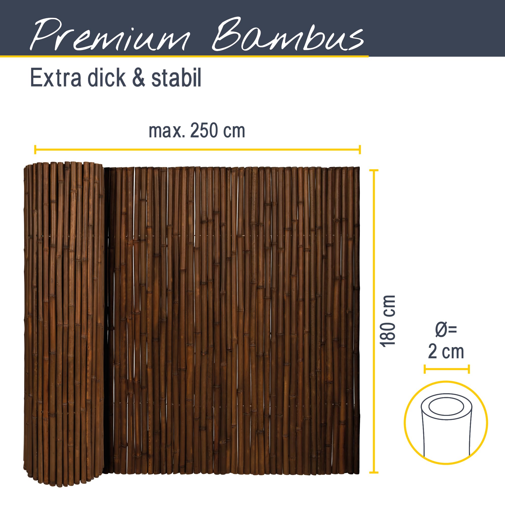 Sol Royal Premium Bambus Sichtschutz Zaun 180x250cm B23 Dunkelbraun – hochwertig gehärtete Bambusrohre Ø 2-3cm, witterungsbeständiger Bambuszaun Indoor & Outdoor, Balkon Sichtschutz