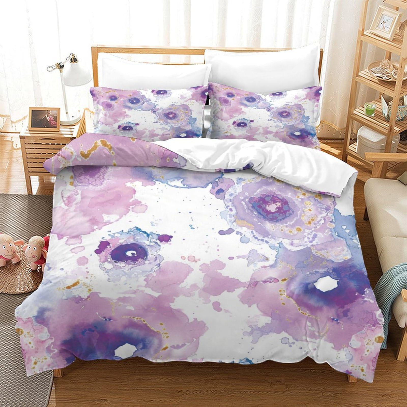 P1S9U7W5Y Watercolor Floral 3D Printed Microfiber 3pcs Duvet Cover Set Pastel Flower Bedding Set Single（140x200cm）
