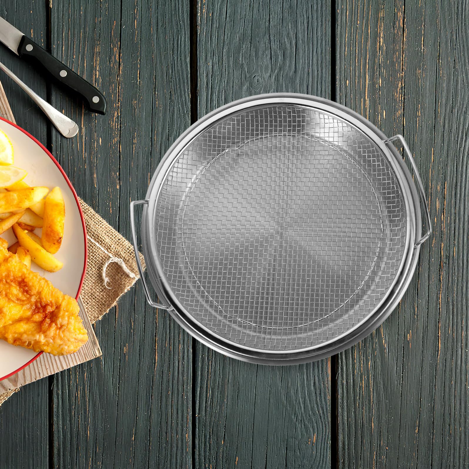 VANZACK Edelstahl Küchensieb mit Großem Fassungsvermögen und Abtropfschale Frittiersieb Satz zum Effizienten Abtropfen von Öl Beim Batch Cooking und Zubereiten Großer Mahlzeiten