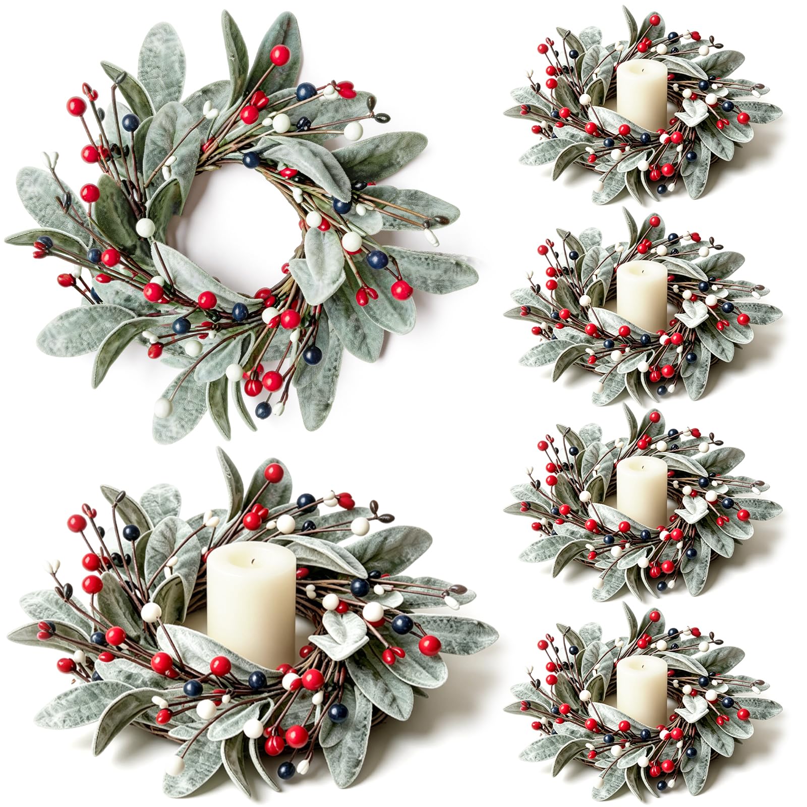 6 PCS Patriotic 4th of July Candle Rings Wreaths Independence Day Candle Rings Holder with Red White Blue Berries &amp; Lamb's Leaves Mini Memorial Day Labor Day Wreath for Home Table Centerpiece Decor