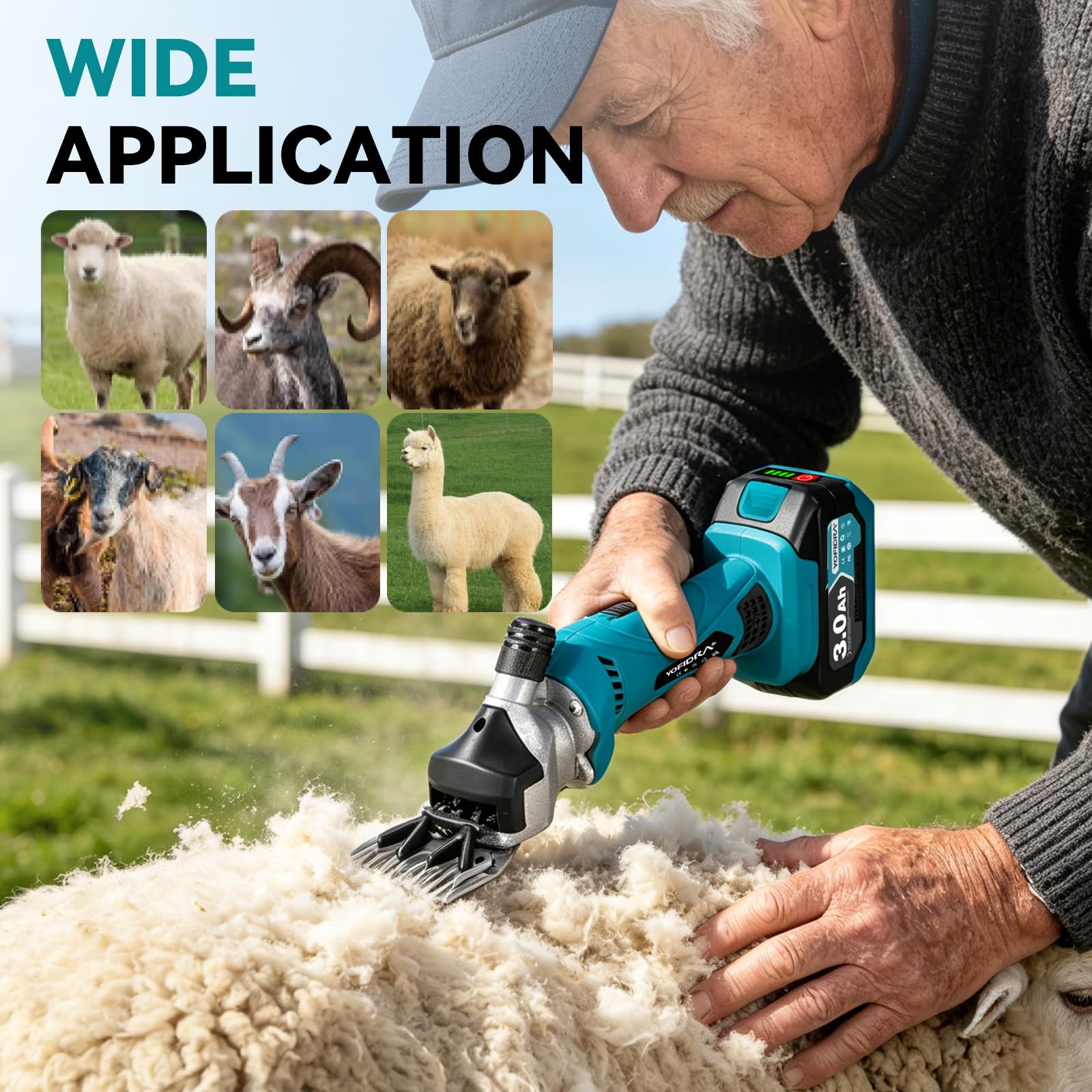 Yofidra Tosatrice elettrica per pecore 550W, Tosatrice a batteria con 6 velocità, Lama a 13 denti, 2 batterie da 3000 mAh, Tosatrice professionale per lana per pecore, capre e alpaca