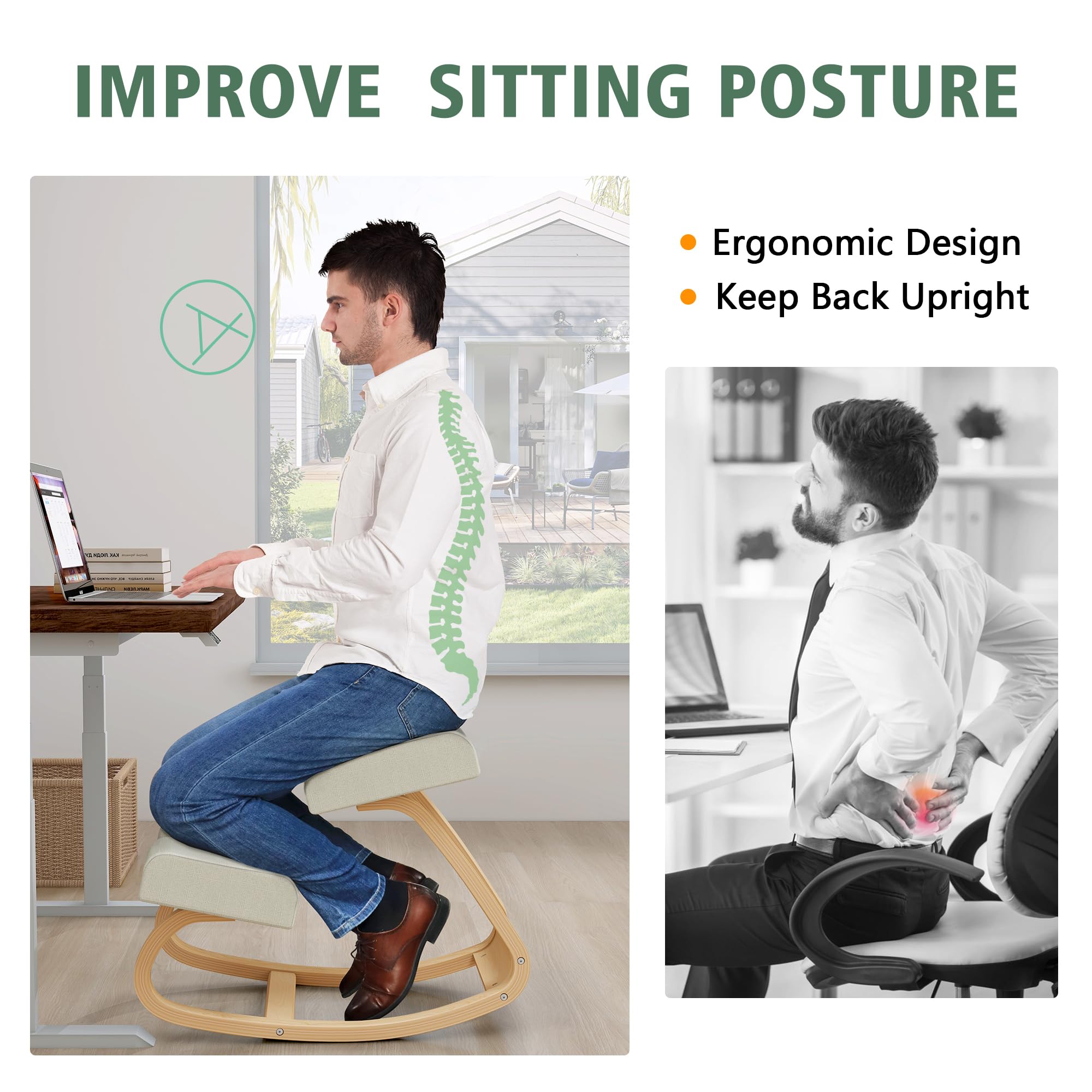 Ergonomischer Kniestuhl ausMassivholz mit Wippfunktion,gepolsterte Sitz-und Knieauflage fuirBuro, Homeoffice und Lernen, bis 100kg