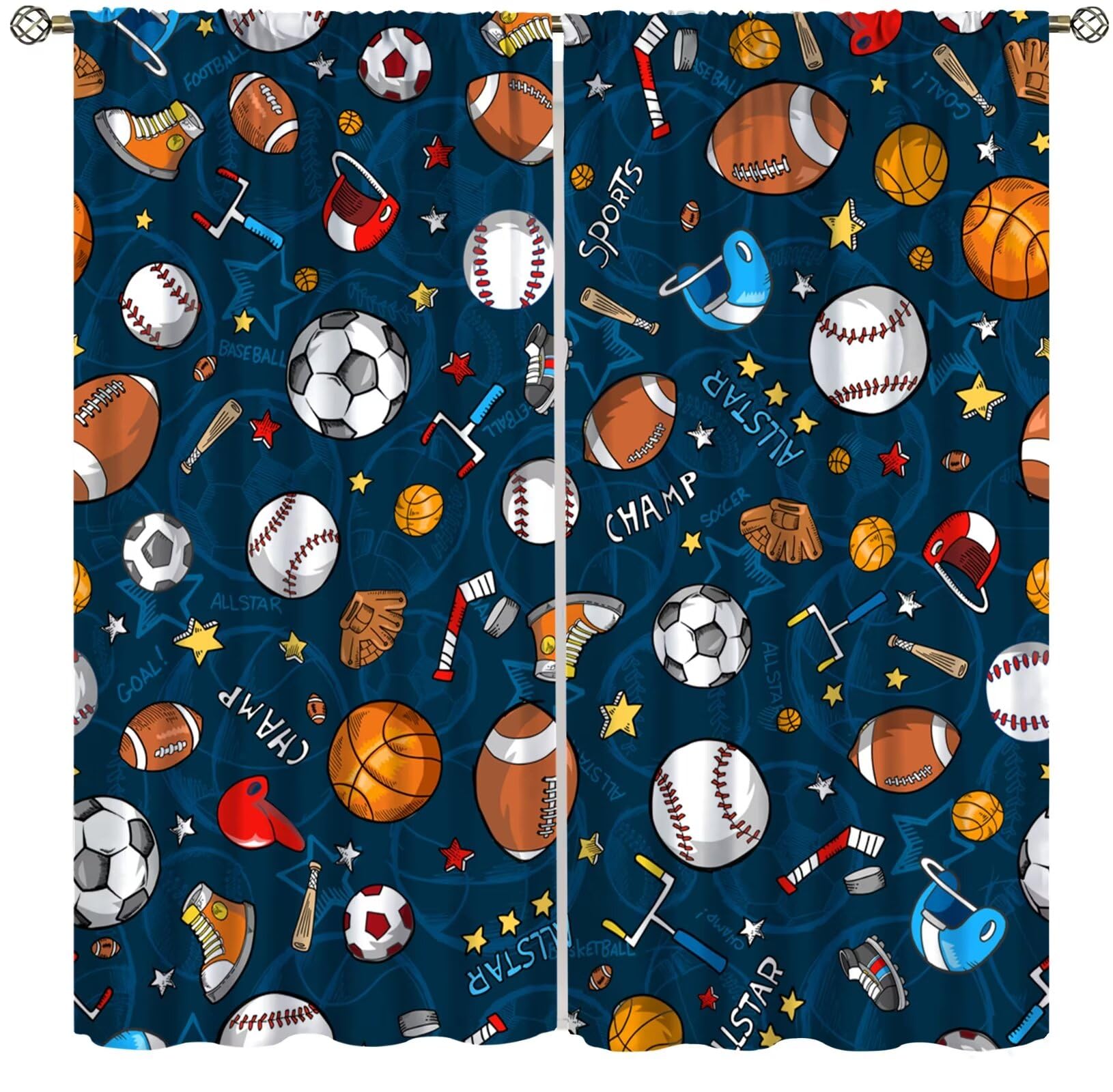 Kids Bedroom Window Curtains, Basketball Soccer Baseball Sports Theme Teenage Boys Home Living Room Blackout Curtains Set 2 Panels,42x54 Inches