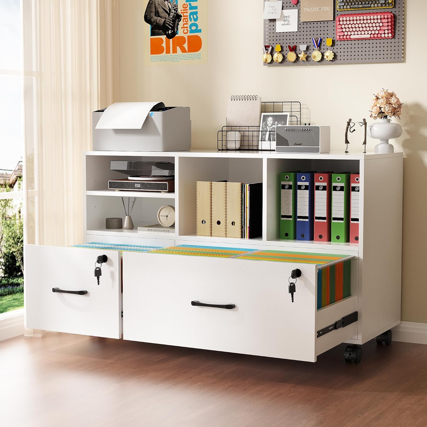 Semoic 2 Drawer Mobile Lateral File Cabinet with Lock, Lockable Wood Filing Cabinet with Open Storage Shelves, Printer Stand Office Storage Cabinet for Home Office Fits Files Legal/A4 Size, White