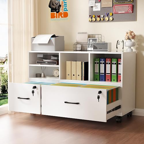 2 Drawer Mobile Lateral File Cabinet with Lock, Lockable Wood Filing Cabinet with Open Storage Shelves, Printer Stand Office Storage Cabinet for Home Office Fits Files Legal/A4 Size, White
