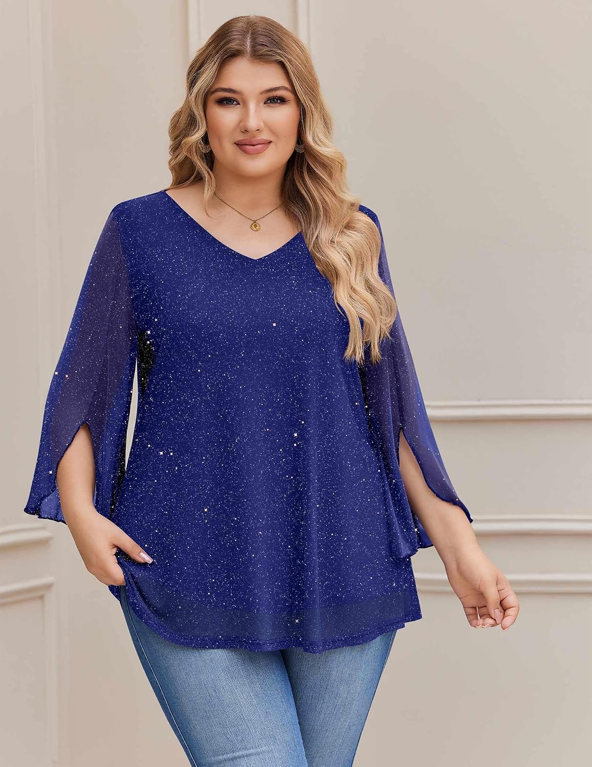 IN'VOLAND Plus Size Dressy Tops for Women Double Layers Mesh Blouses Shirt