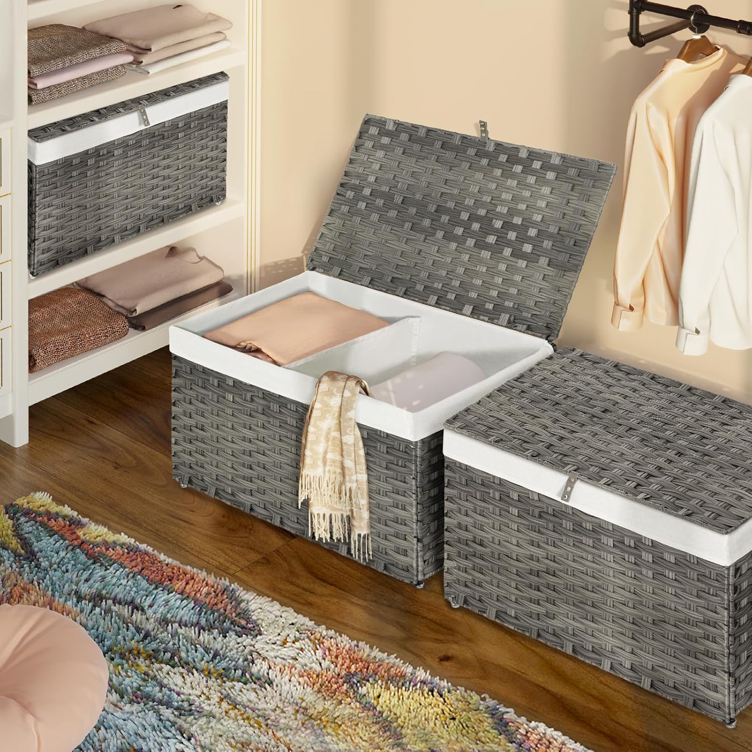 GREENSTELL Storage Basket with Lid, 27.7 Gallon(105L) Lagre Wicker Blanket Storage Basket with Handles, Foldable, 2 Removable Liner Bags, Metal Frame, for Bedroom, Laundry Room, Grey,25.6"*15.7"*15.7" 105L: 25.6*15.7*15.7 Inches Grey