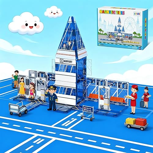 Miniatura 8 de Azulejos magnéticos, juego de bloques de construcción temáticos de aeropuerto, bloques de construcción magnéticos y juguetes educativos STEM