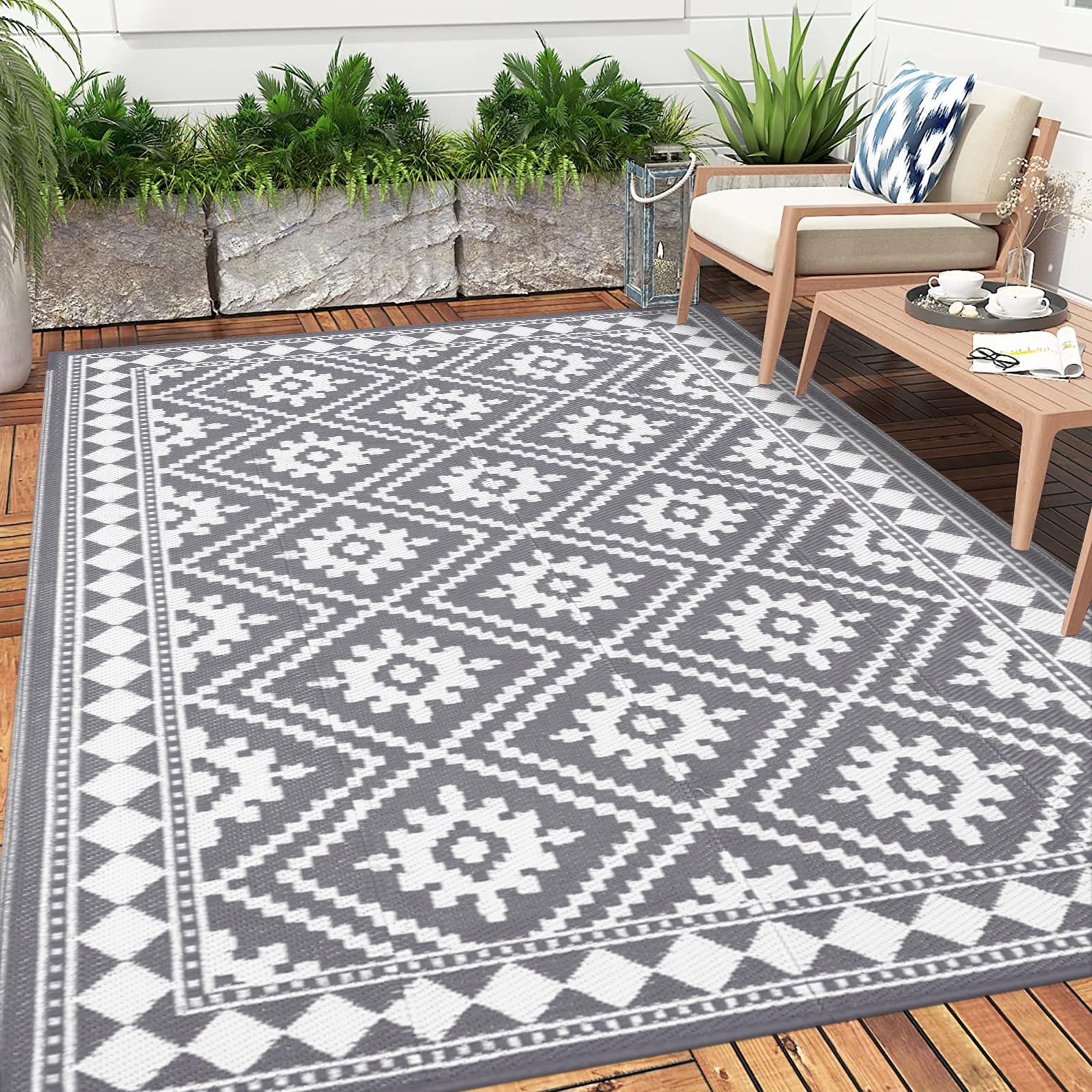 Enyhom Extra Large Outdoor Area Rugs, 270 x 360 cm Waterproof Durable Garden Rug Foldable Recycled Plastic Straw Mat Portable UV Resistant Garden Carpet Rug for RV, Deck, Balcony, Porch, Grey