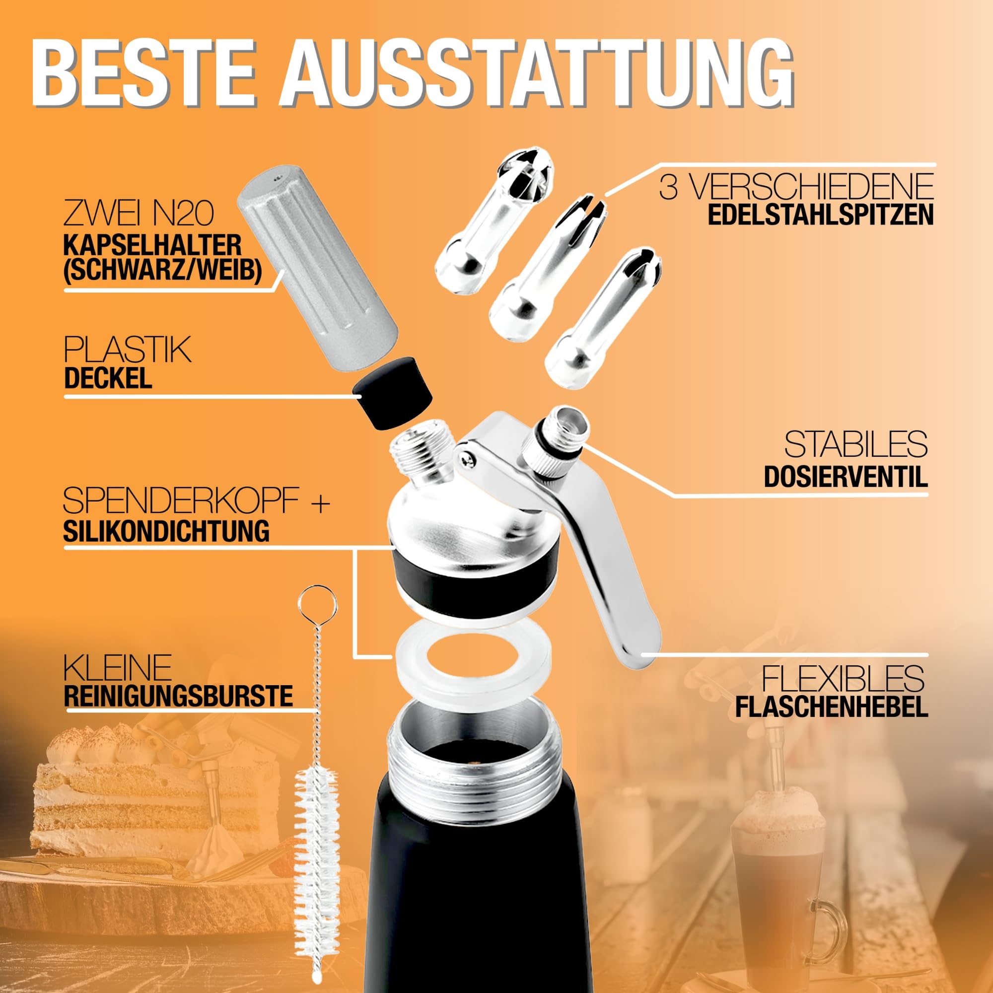 Thiru Sahnespender inkl.Toolbox - Note "sehr gut" - 100 Tage testen - Sahnesyphon mit eBook & 3 Edelstahl Tüllen - Sahnesyphon für Schlagsahne, Espuma & warme Speisen - (Schwarz)
