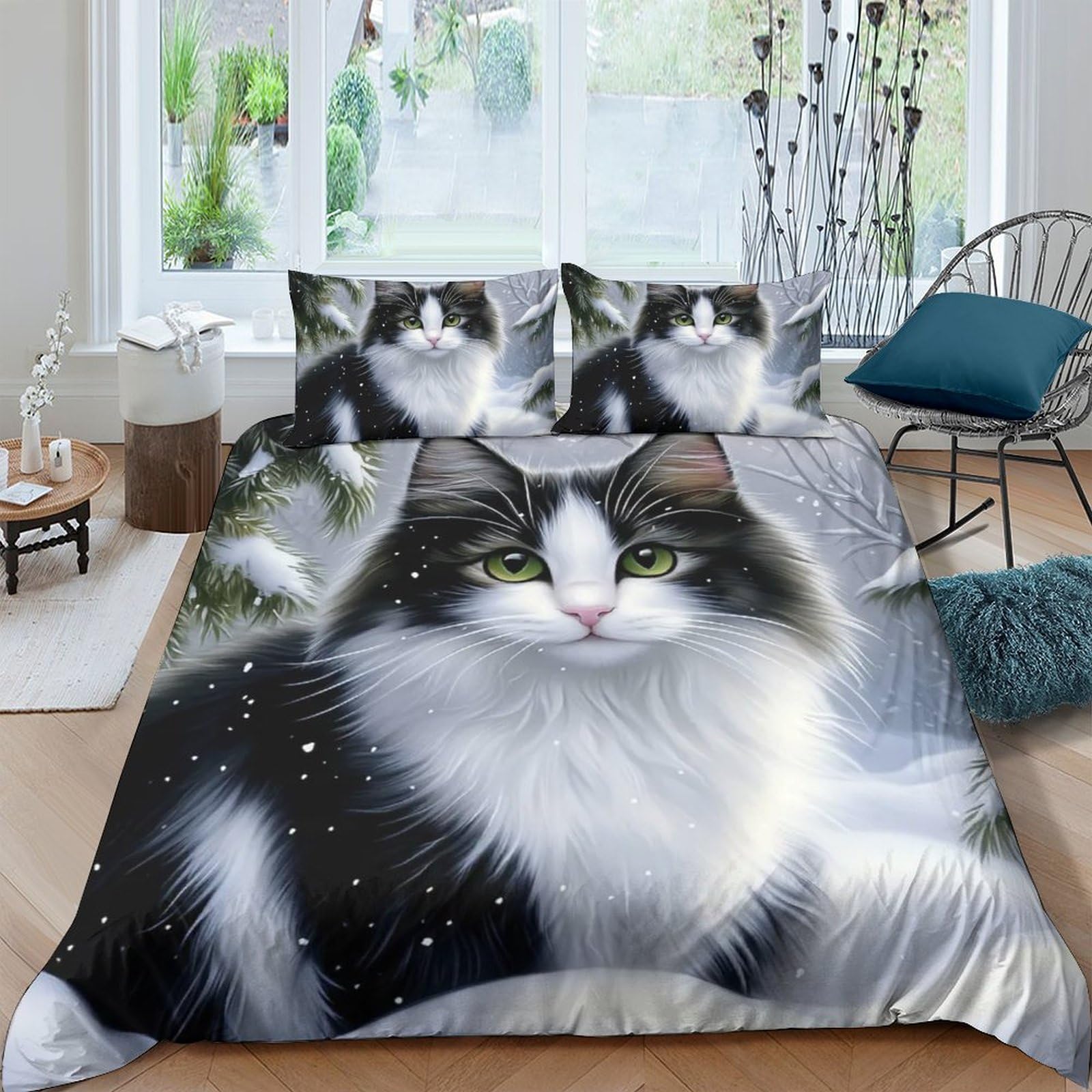 Housse de couette chat 3D 220x240 cm avec 2 taies d'oreiller en microfibre