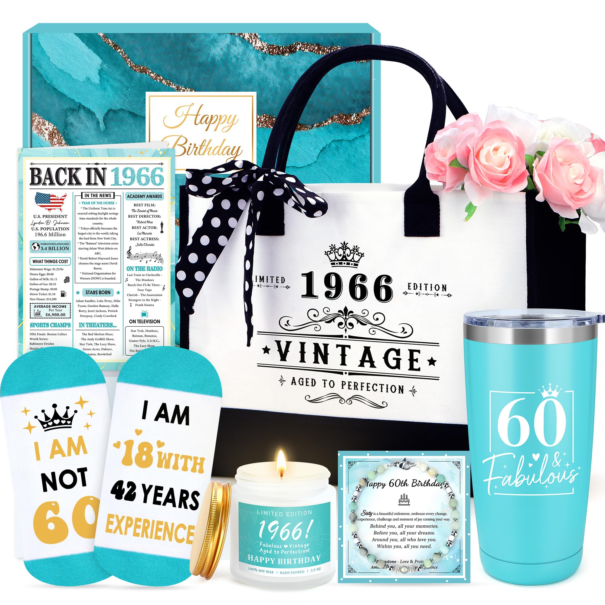 60th Birthday Gifts for Women 60 Year Old Birthday Gifts for Women Cool Fabulous Gift Ideas for Woman in Their 60s Funny 1966 Gift for 60 Year Old Woman Happy 60th Bday Decorations with Tumbler Bag