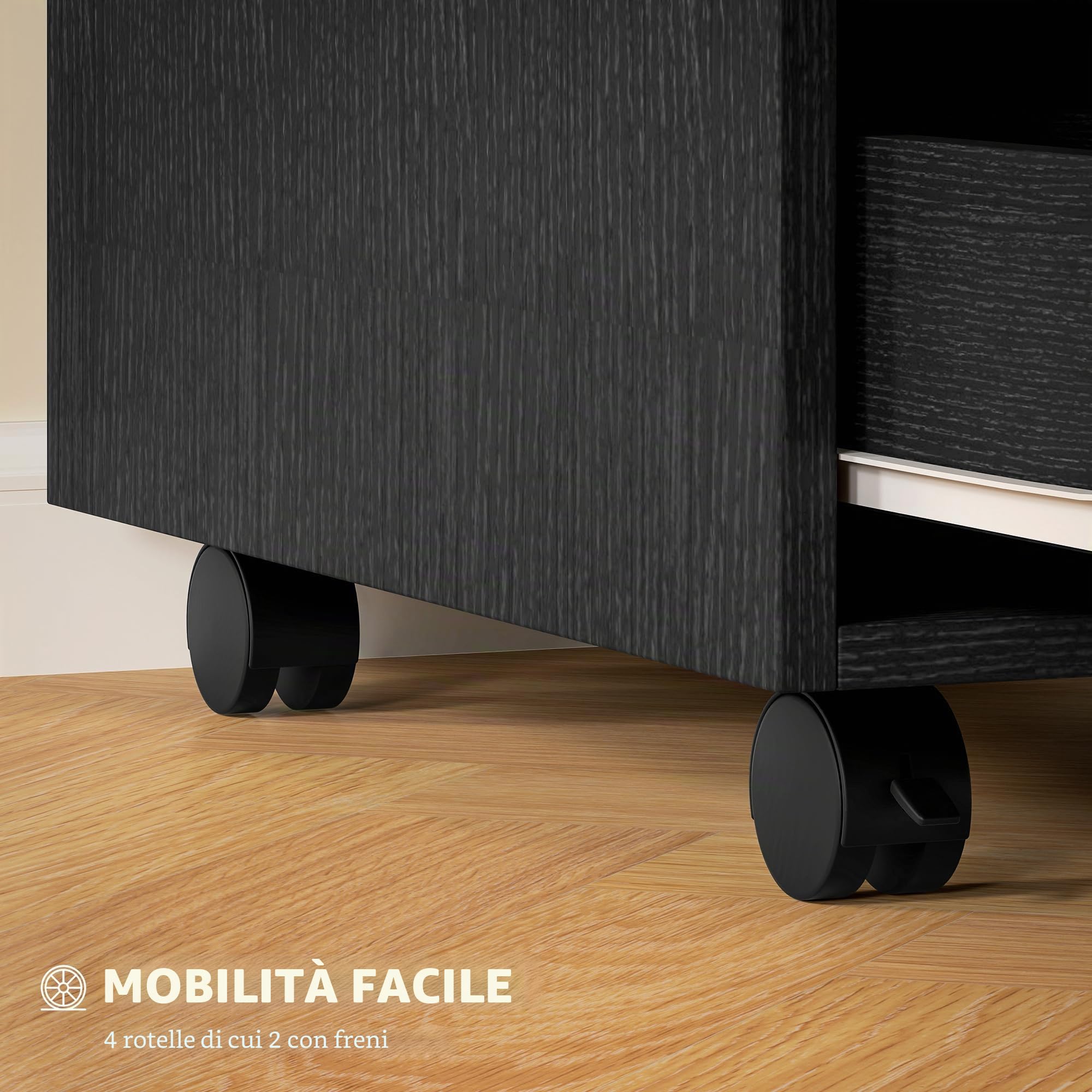 HOMCOM Cassettiera da scrivania mobile con 3 cassetti, mobile da scrivania su ruote, per documenti e stampante, scatola compatta per lavoro o camera da letto, 40 x 50 x 57,5 cm, nero