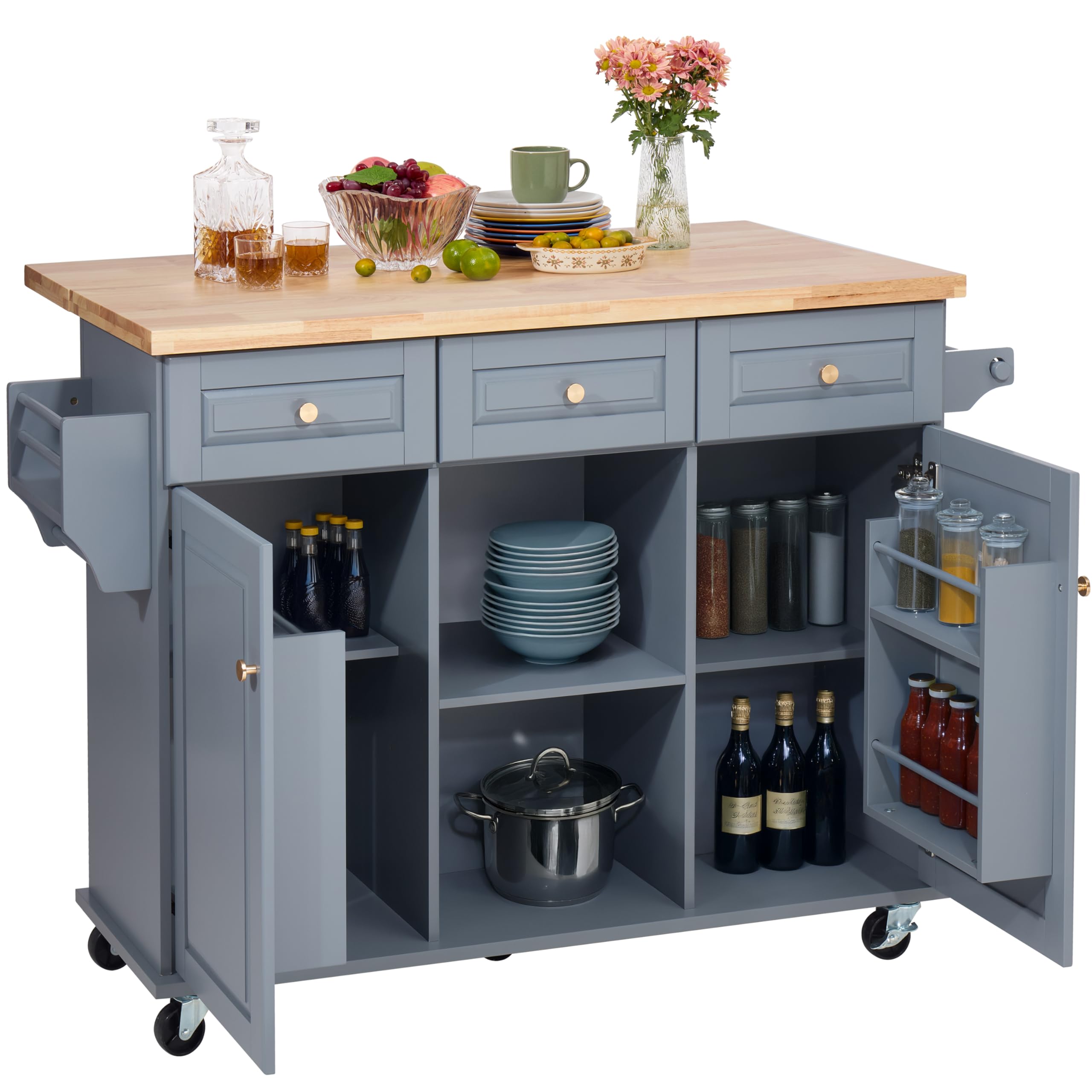 Finnhomy 53.2'' Large Rolling Kitchen Island with Drop Leaf, Thicken Rubber Wood Top, Spice Rack, Towel Rack, Storage Cabinet and Drawers, Mobile