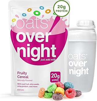 Oats OvernightFruity Cereal - Overnight Oats with 20g Protein, High Fiber Breakfast Protein Shake - Gluten Free Oatmeal, Non GMO High Protein Oatmeal (2.6 oz per meal) (8 Pack + Shaker Bottle)