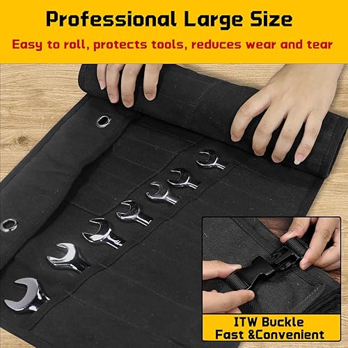 Miniatura 5 de Rollo de llaves de 32 bolsillos, resistente de 16 onzas. Bolsa enrollable de lona encerada para llaves métricas y SAE, bolsa de llaves con hebillas