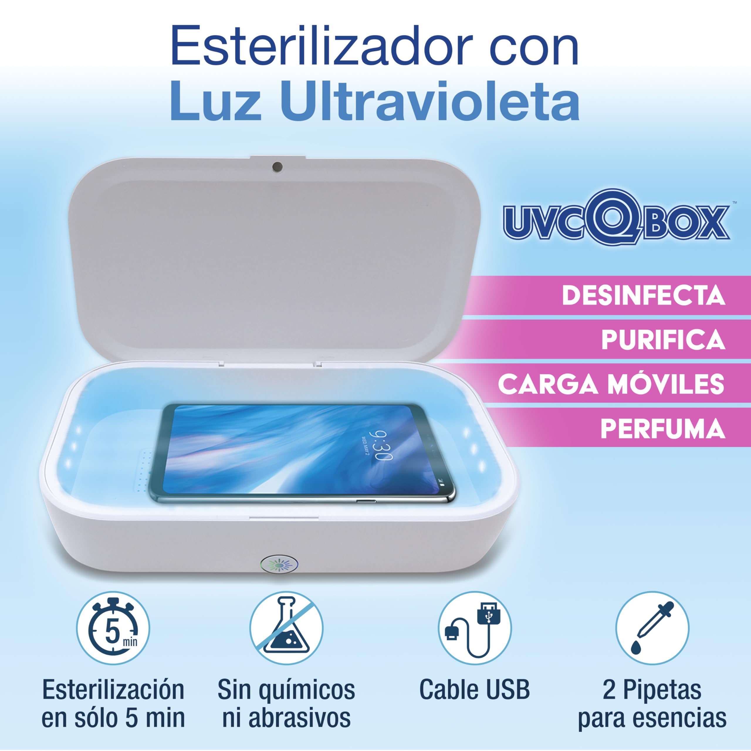 UVC Q Box Esterilizador UV para Móviles, Llaves, Joyas y Objetos personales con Luz Ultravioleta. Desinfecta, Purifica, Aromatiza y Carga el móvil. Elimina el 99,9% de Virus y gérmenes
