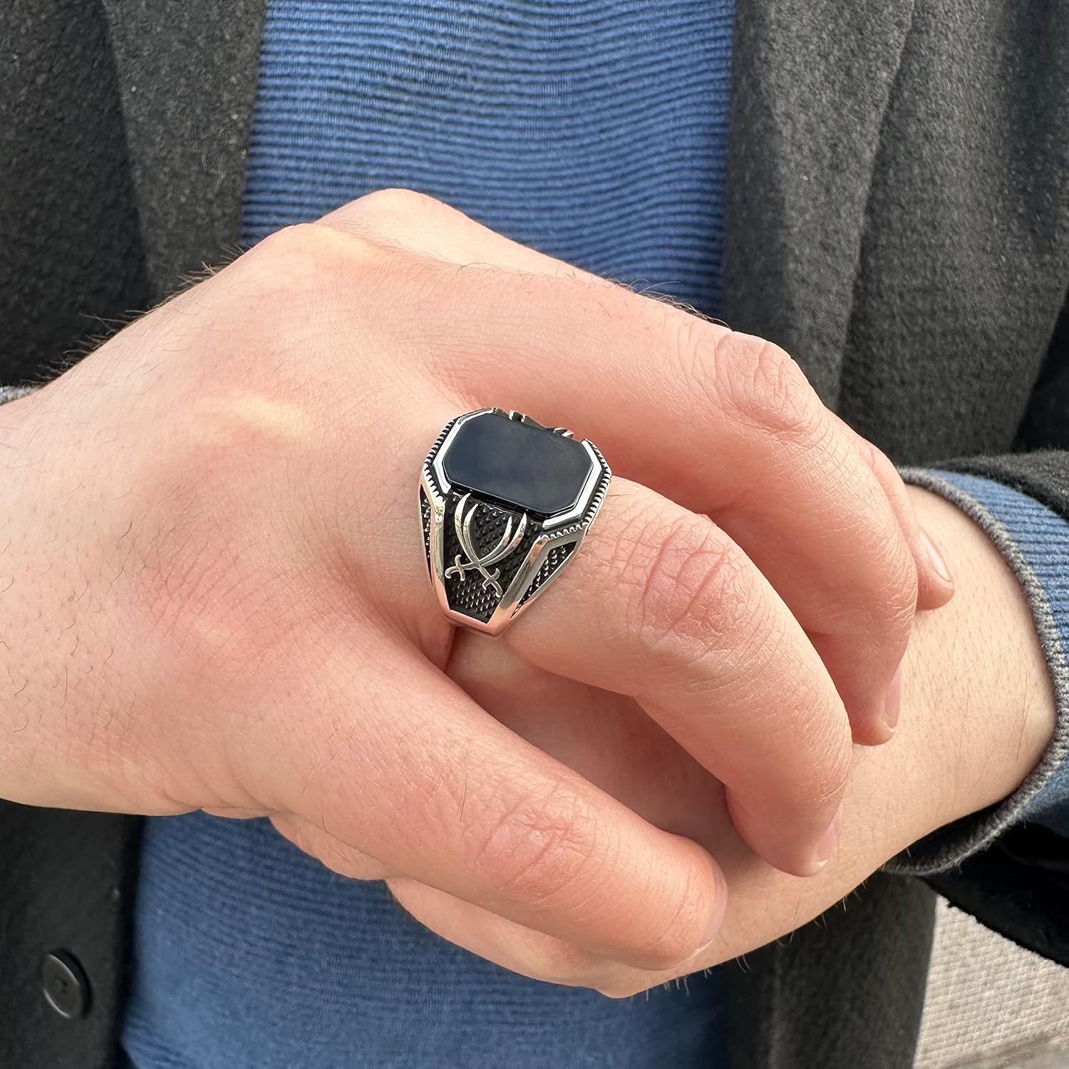 925 Sterling Silver Zulfiqar Sword Design Black Onyx Stone Men's Ring