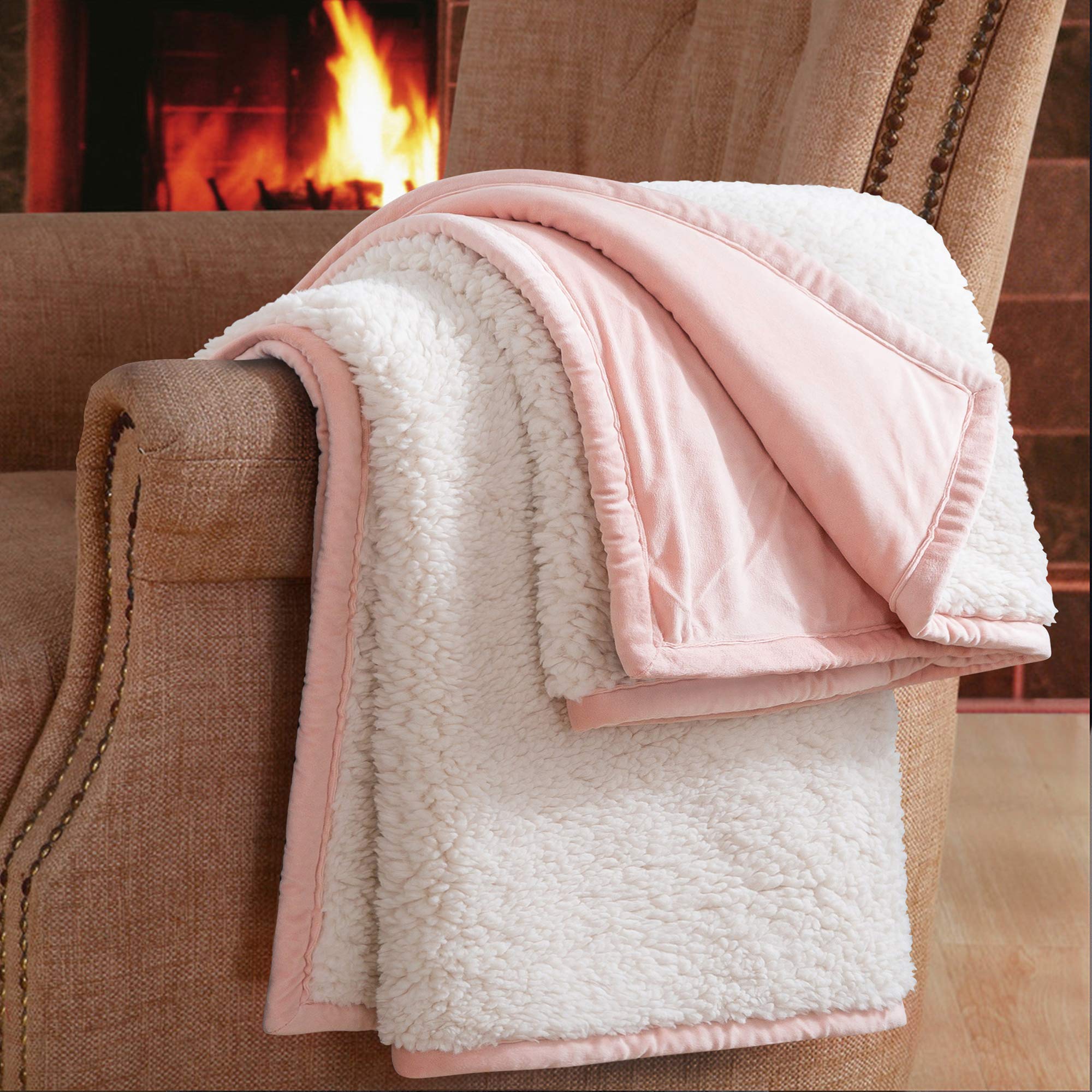 Faux Sheepskin Sherpa Fleece Blanket Throw Size Heavy Weight Luxury Cozy Warm Micro Mink Reversible Blanket for Bed Couch Chair Fall Winter Spring Living Room (50x60)-Blush