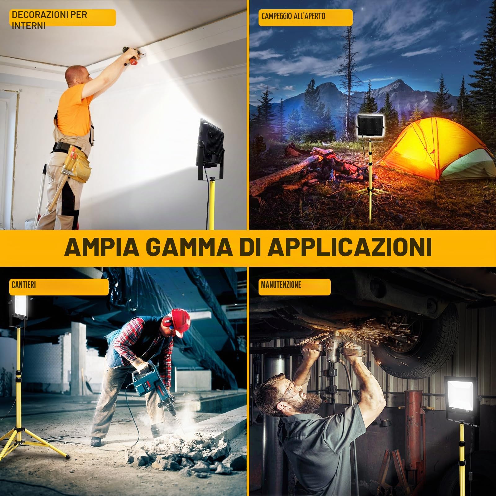 Willpower Treppiede Faretto da Cantiere 100W Faro da Lavoro LED Esterno | Faro LED 10,000LM, Con Spina, 6000K Bianco, Impermeabile IP65, Proiettore LED per Interni Officina Garage Industriale