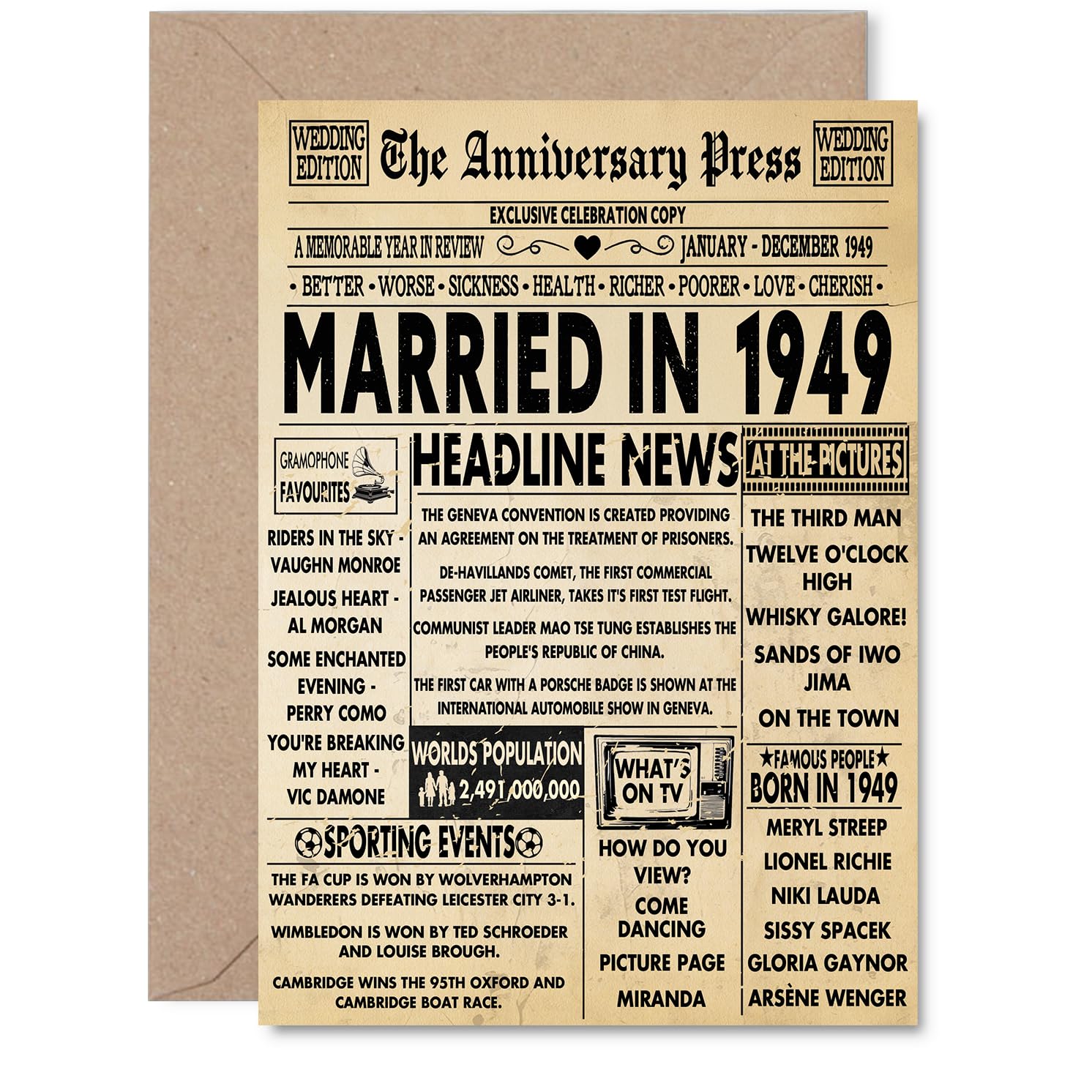 77th Anniversary Card for Men Women - Vintage Newspaper Married in 1949-77 Year Wedding Anniversary Card for Partner Wife Companion Husband, A5 Anniversaries Greeting Cards