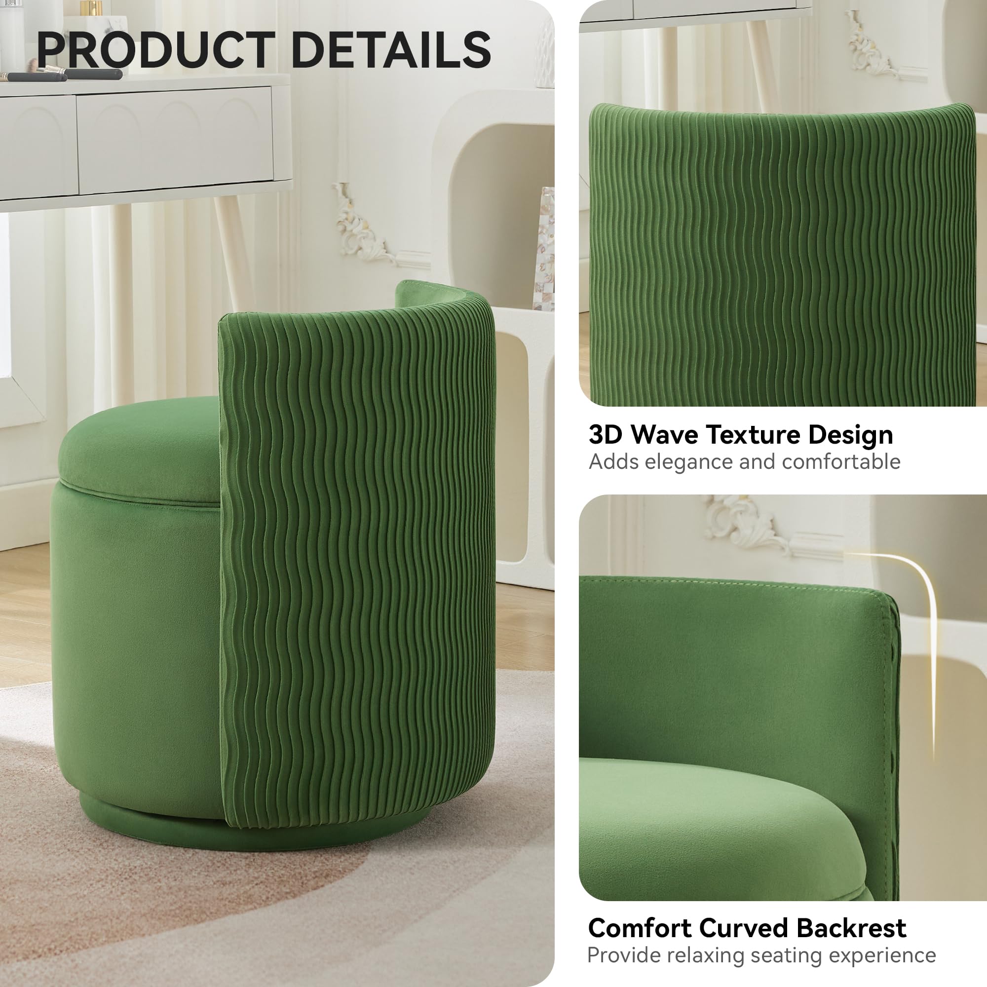 Amazon.com: WUTUTUEE Velvet Vanity Chair with Storage, 360 Swivel Makeup  Chair with Wave Back, No Assembly Small Accent Stool for Bedroom, Dressing,  Living Room, Green : Home & Kitchen