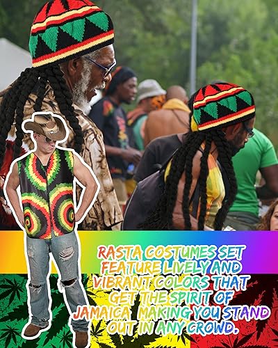 Miniatura 6 de Juego de 3 accesorios de disfraz jamaicano de Halloween, sombrero rasta con rastas negras, peluca con patrón jamaicano, chalecos de sol rasta para