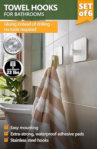 Miniatura 2 de Ganchos adhesivos para toallas para baños, juego de 6  Perchero autoadhesivo blanco, ganchos de pared adhesivos duraderos  Soporte para toallas