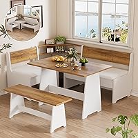 PAKASEPT L-Shaped Corner Breakfast Nook Table Set with Cushions & Hidden Storage, Farmhouse Kitchen Dining Bench, White & Brown