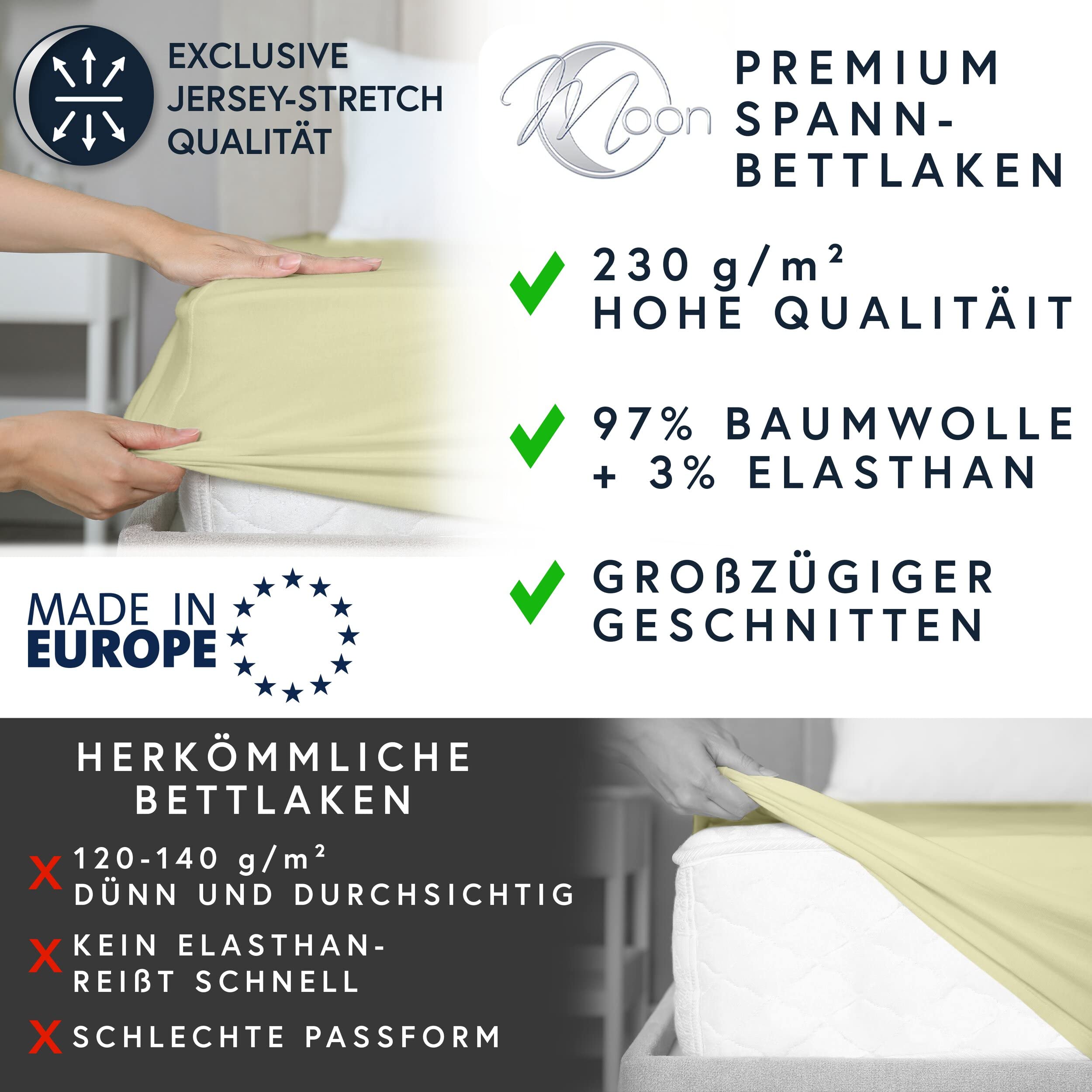 MOON - Luksusowe prześcieradło z gumką Jersey Stretch 230 g/m² do łóżek wodnych, łóżek kontynentalnych i tradycyjnych materacy (Pistazie, 200 x 220 – 220 x 240)