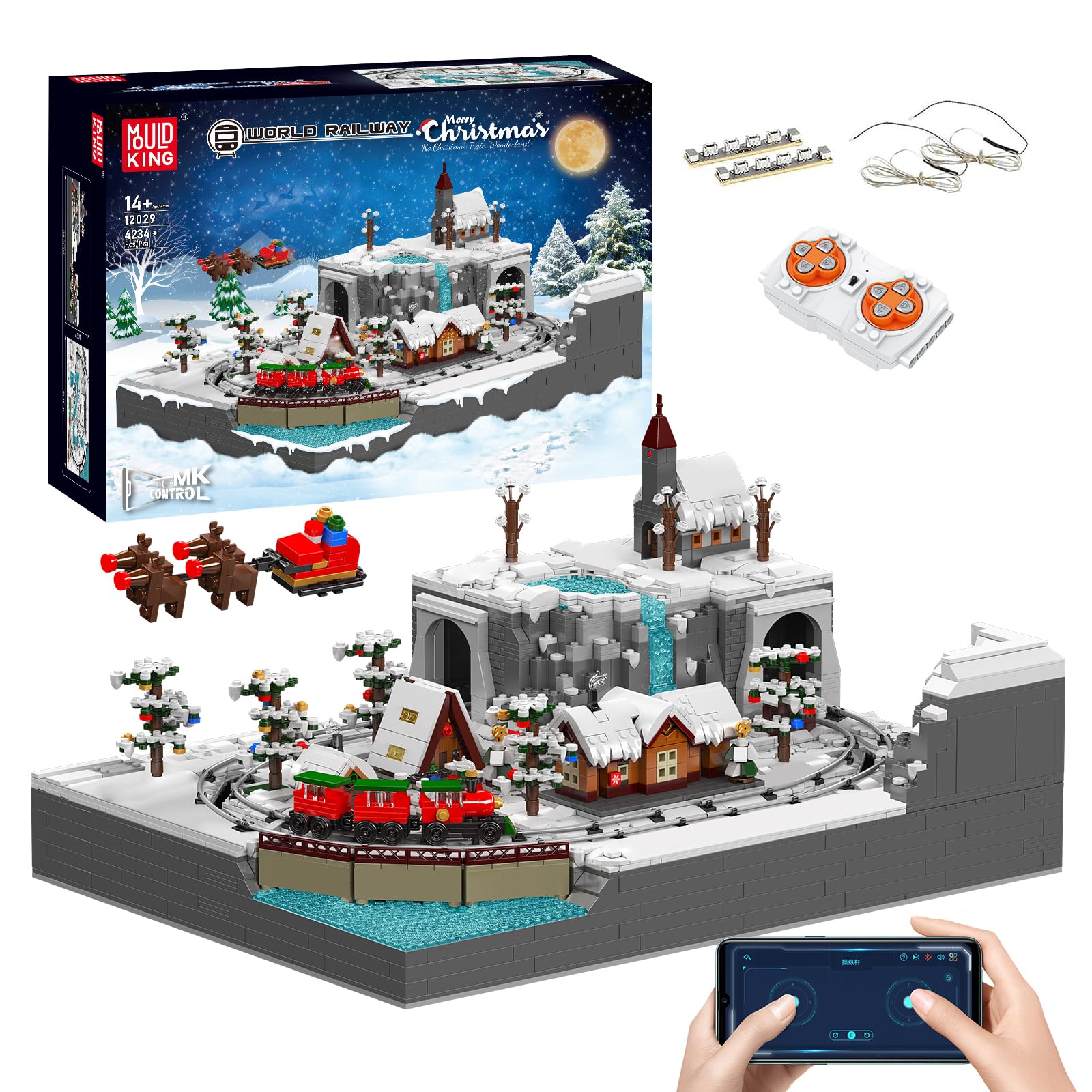Mould King 12029 Weihnachtsdorf mit Eisenbahn, Bausatz aus Klemmbausteinen