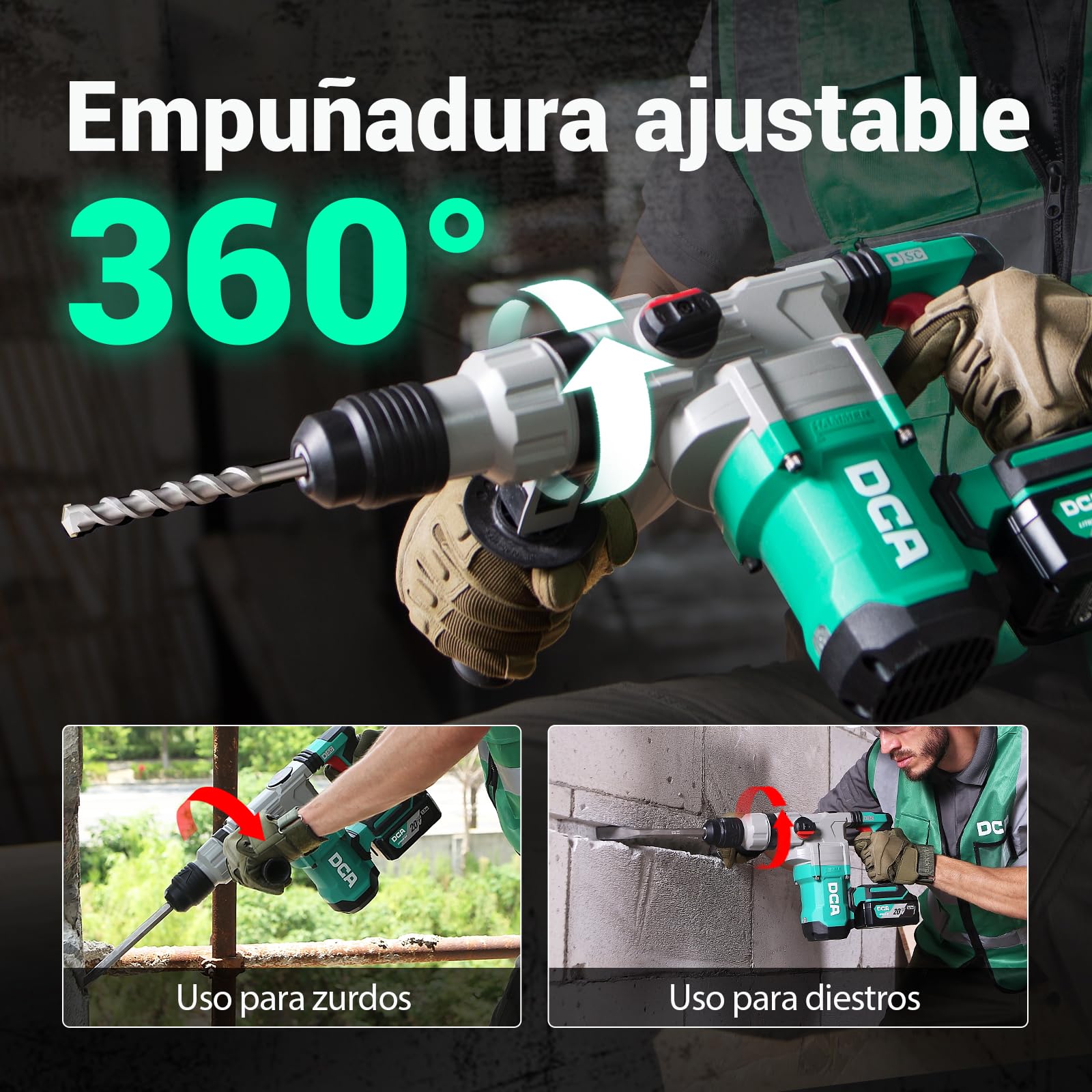 DCA Martillo Perforador sin Cable 20V, 4.5 J de Energía de Golpe y 3800 BPM, 4 Piezas 28mm SDS-Plus, Motor de Alto Rendimiento para Martillo Perforador sin escobillas, Batería 5.0Ah, Cargador Rápido 4