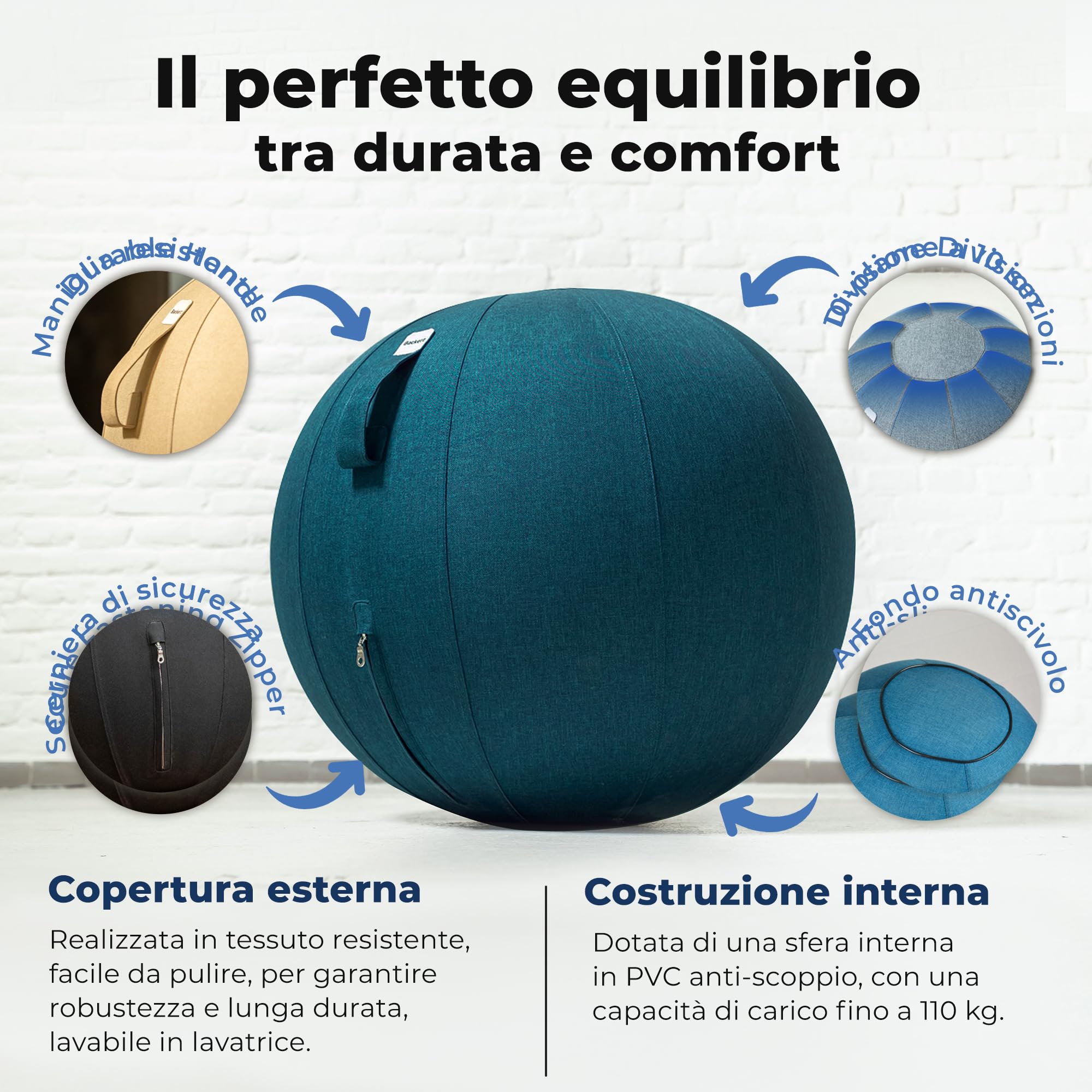 Backerz Palla da seduta per ufficio e casa, 65 cm, per yoga, con rivestimento, ergonomica, in lino