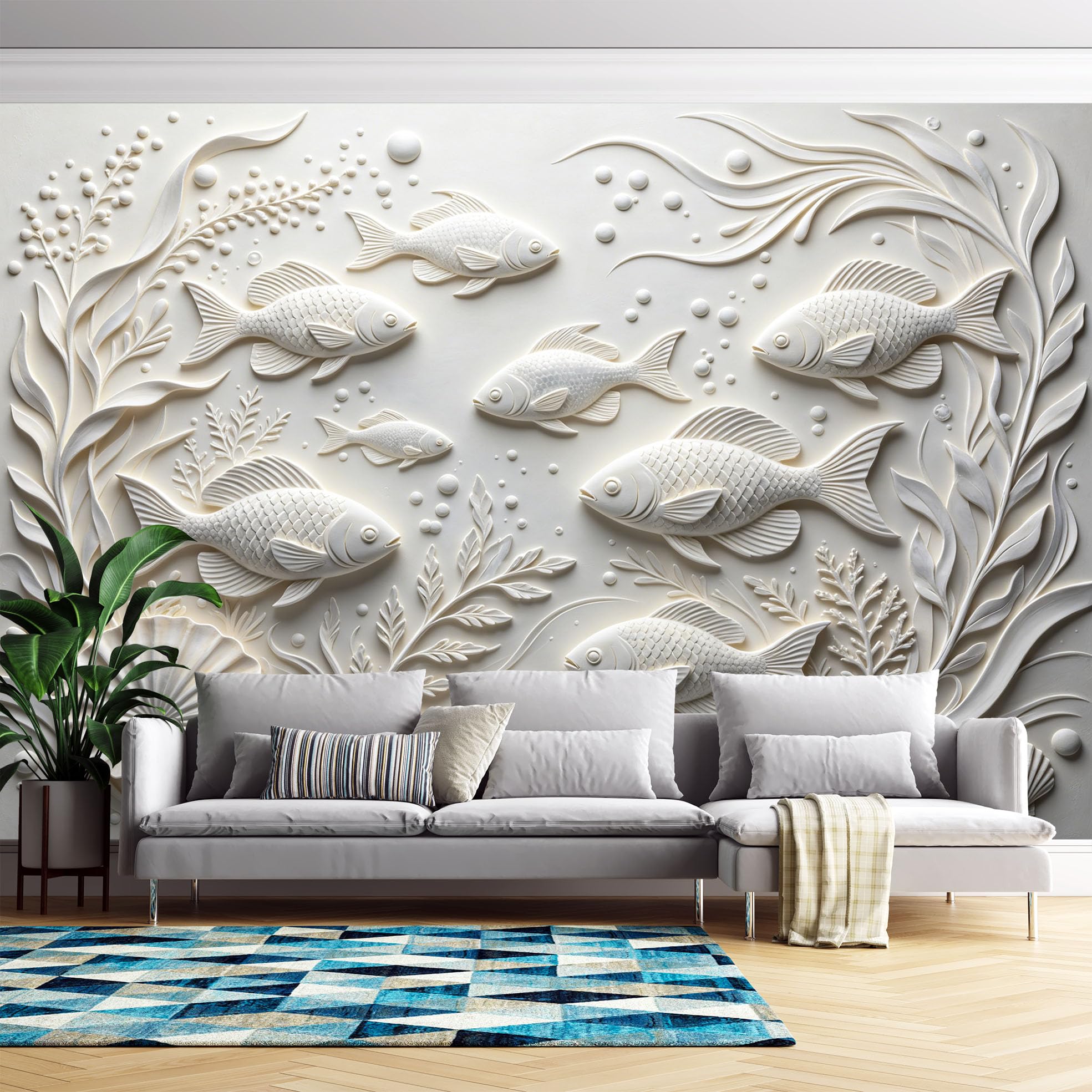 Papel Pintado Con Relieve 3D Peces De Mar Papel Pintado Autoadhesivo Pared 320Cmx600Cm(Hxw), Mural De Pared Con Relieve 3D, Papel Adhesivo No Tejido, Impermeable Y Removible Para Dormitorio Y Sala D
