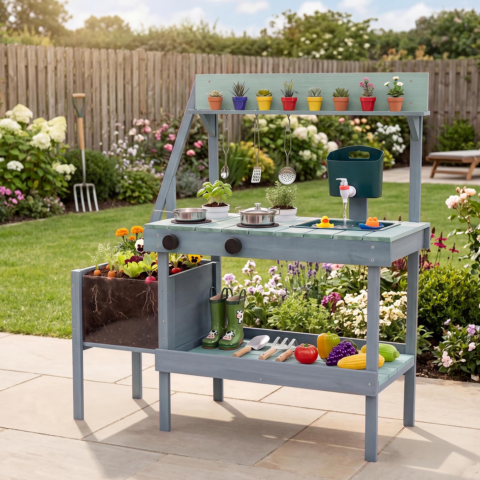 COSTWAY Matschküche Kinder Outdoor, Spielküche mit Wassertank & Wasserhahn