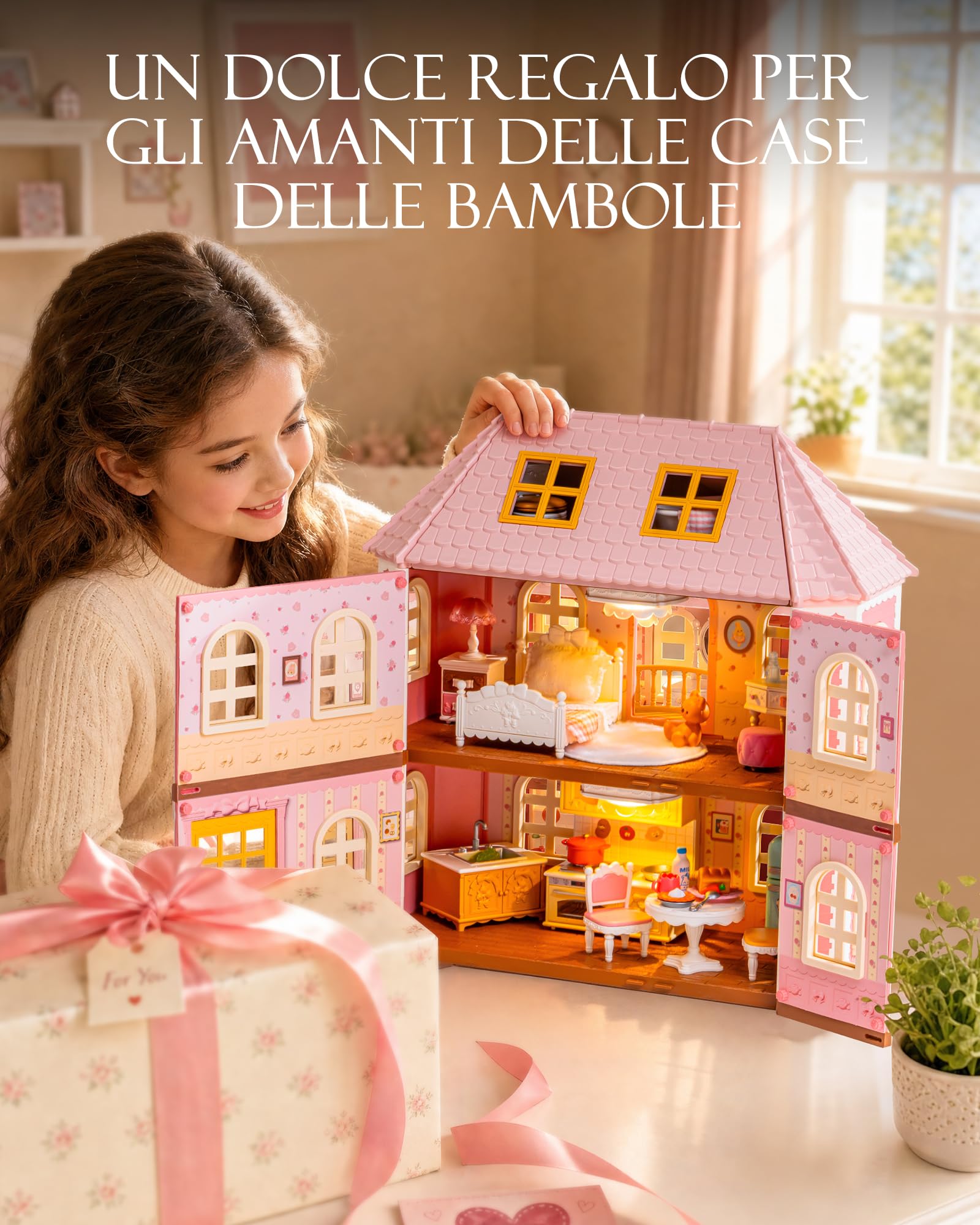 Rolife Kit fai da te in miniatura per casa delle bambole Haley Island Fairy Rose Cottage, villa in stile vittoriano rosa con luci LED, set di assemblaggio fai da te da 178 pezzi, giocattolo e regalo