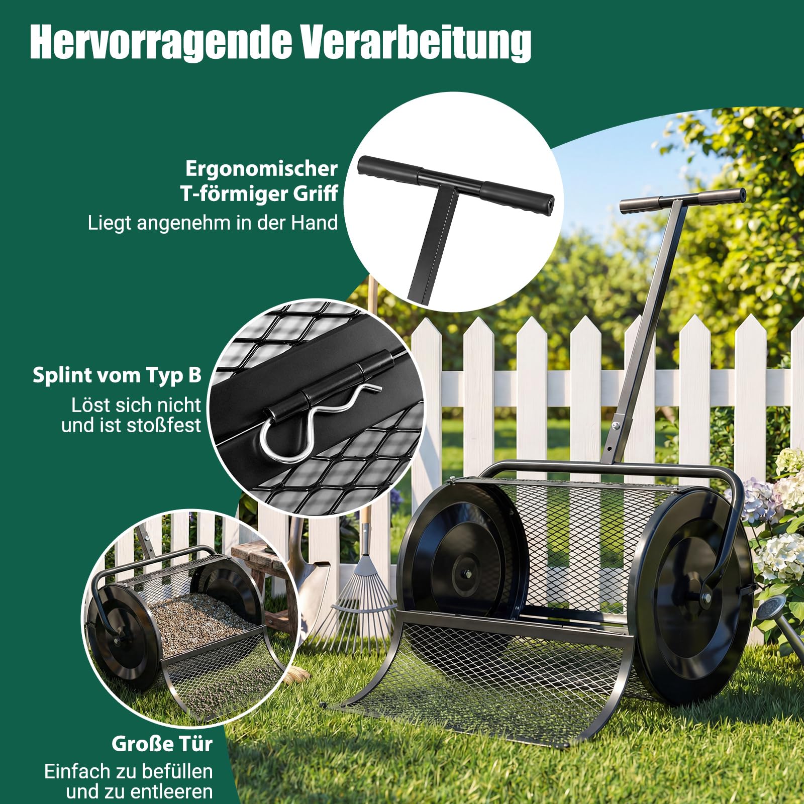 COSTWAY Kompoststreuer 77 L, Torfmoosstreuer mit höhenverstellbarem T-Griff & Mesh-Korb, Ø40x61cm, Düngerstreuer für Garten Rasen, Gartenstreuer für Dünger Saat, Handstreuer Kompostwalze (Schwarz)