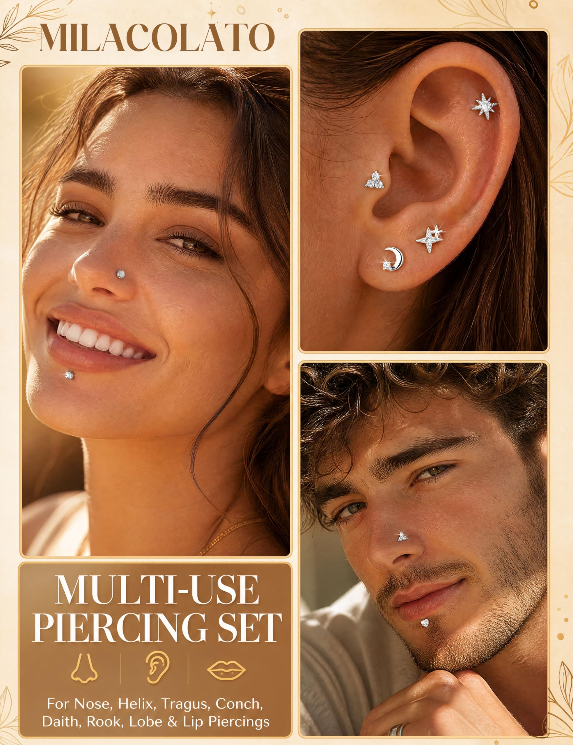 Milacolato 16G/18G Labret Piercing Naso Acciaio Chirurgico Orecchini Piatti Dietro Labbro Helix Piercing Orecchio Trago Cartilagine per Donna Argento Oro 6/8/10MM